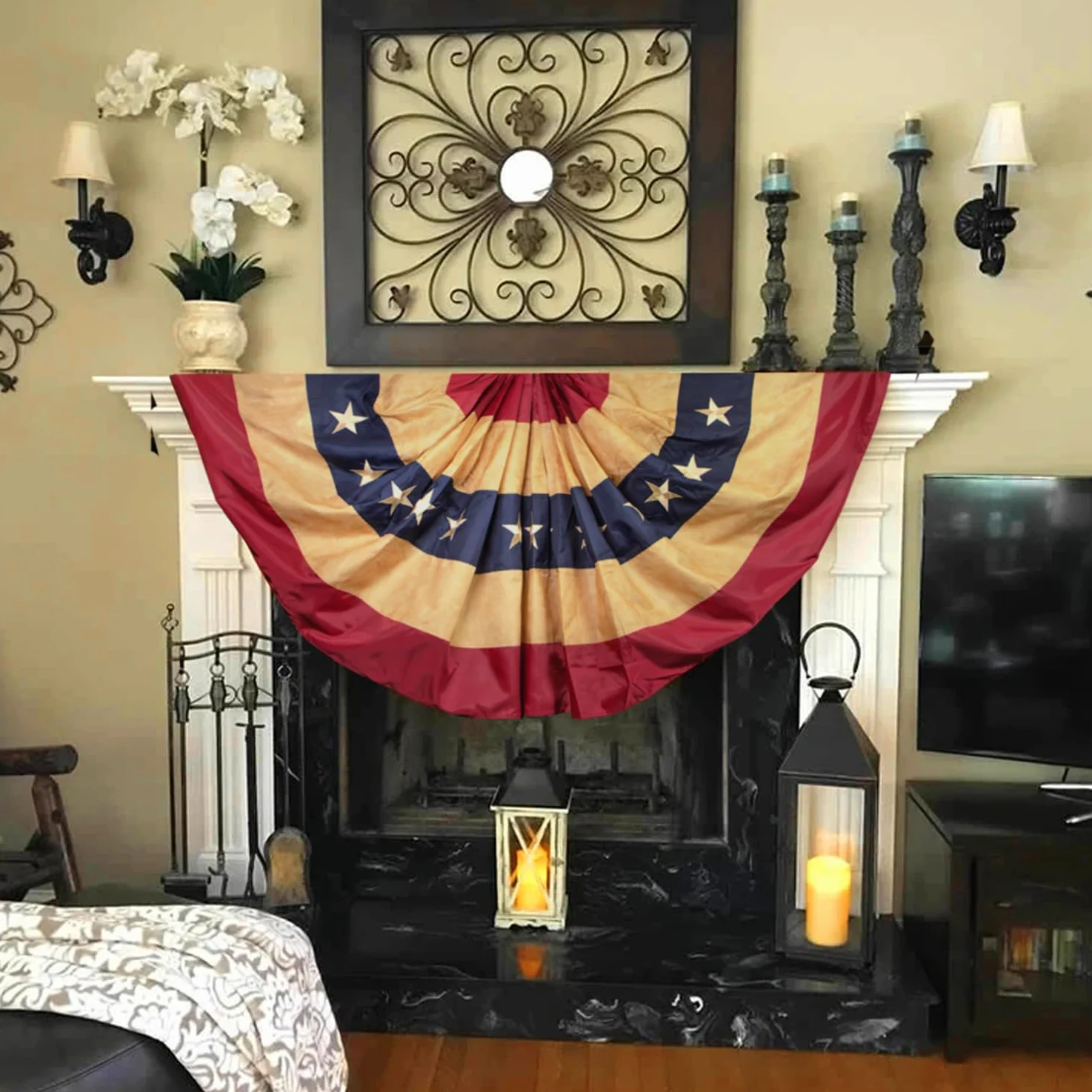 ANLEY Bandera de abanico plisada de EE. UU. Teñida con té de estilo vintage Nylon de 3 x 6 pies - Estrellas bordadas y rayas cosidas - 4 hileras de costuras de bloqueo - Banderas de abanico
