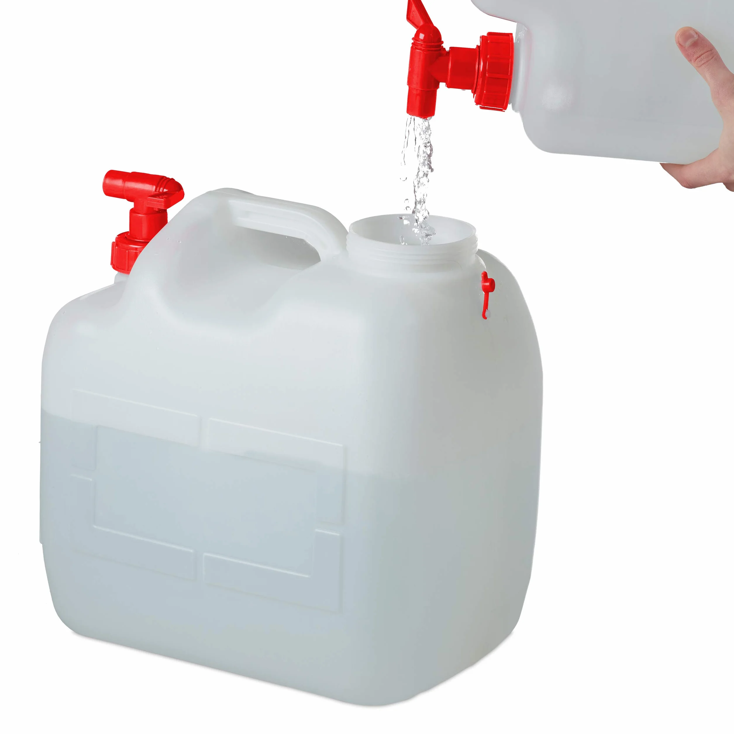 Relaxdays Bidón de agua con grifo, Tapa de rosca ancha, Accesorio de camping, 23L, Sin BPA, Blanco & Rojo, 1 Ud.