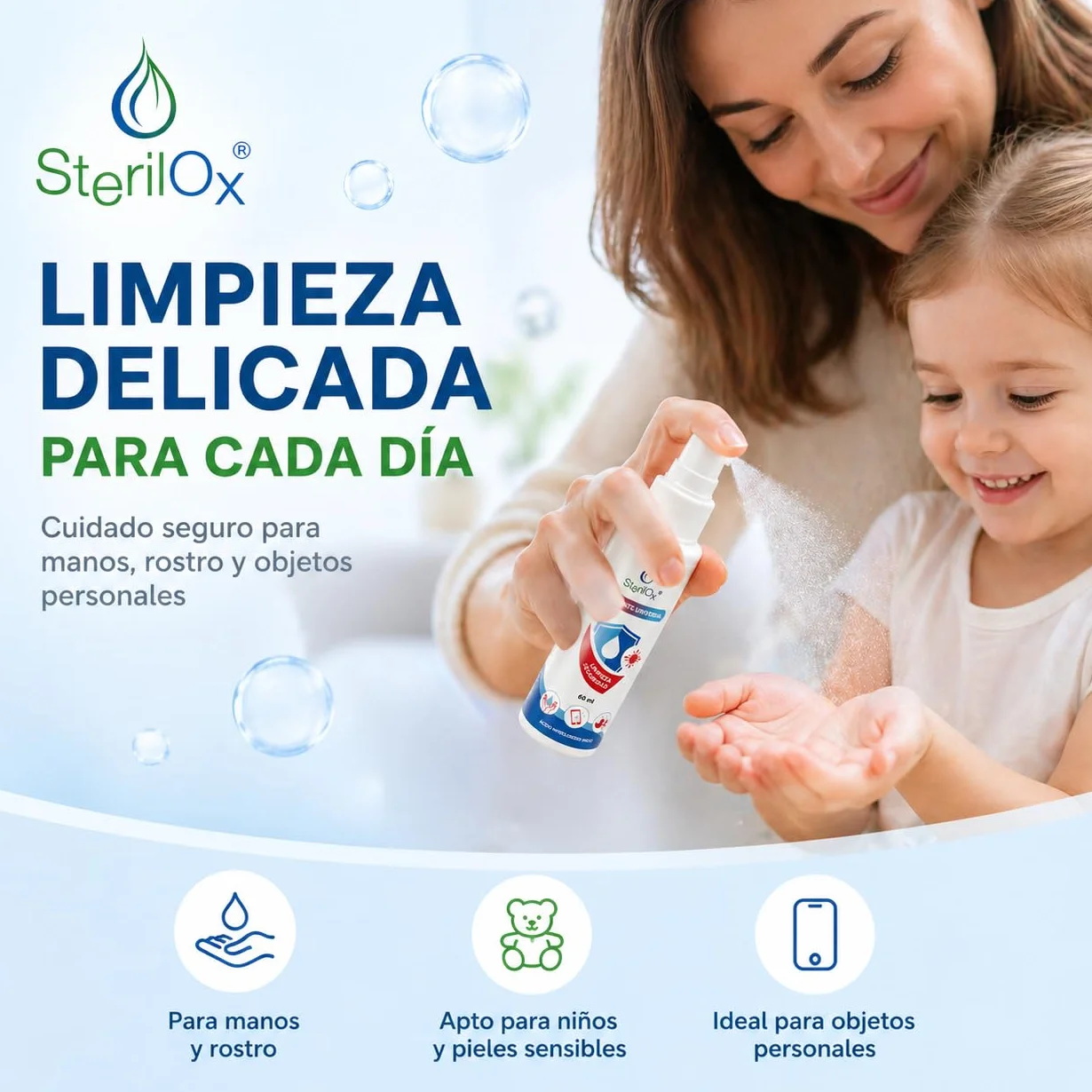 Spray 3 x 60 ml Solución Cosmética con Ácido Hipocloroso para Manos, Juguetes, Utensilios - Seguro para Niños y Mascotas