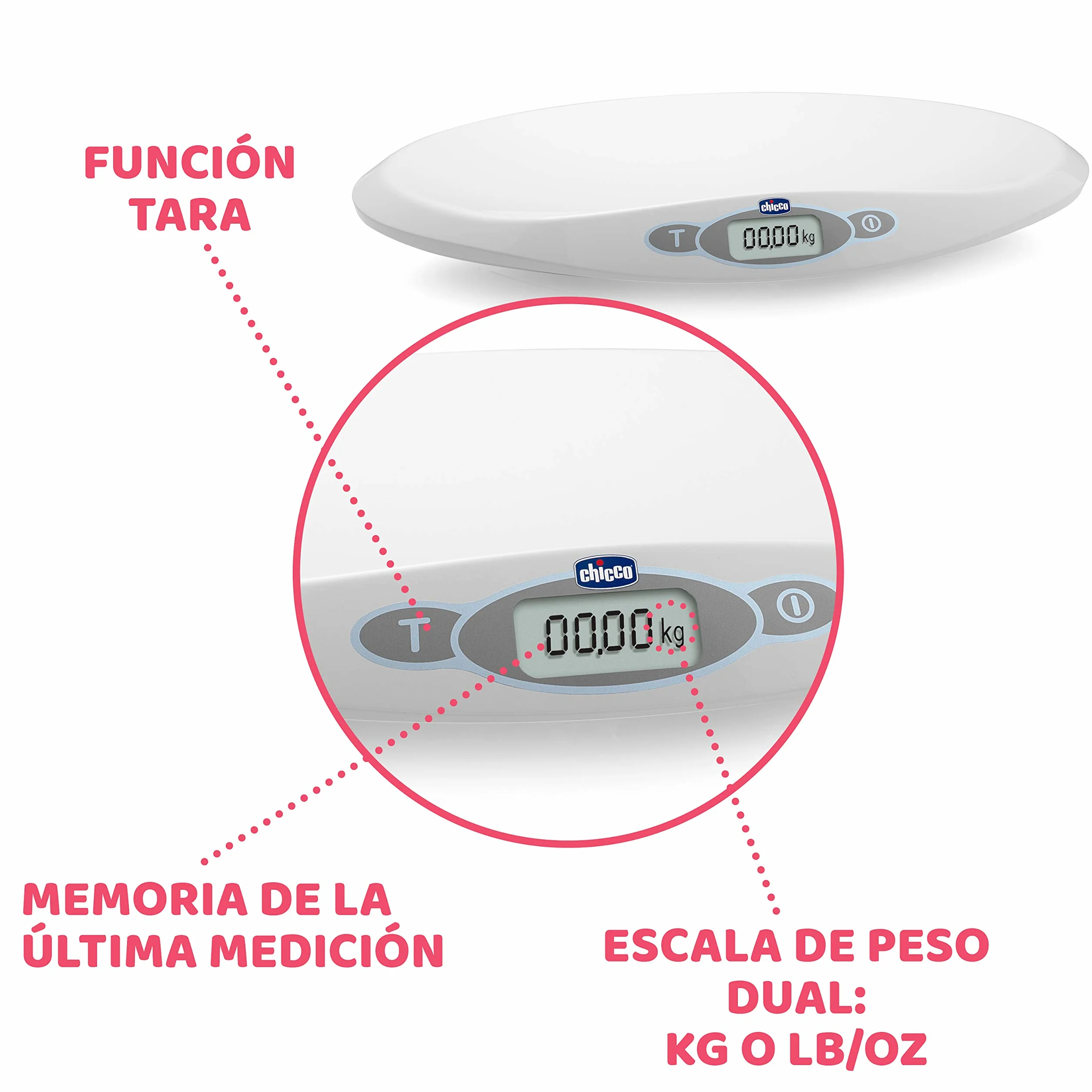 Chicco Báscula electrónica digital para bebés hasta 20 kg con pantalla LCD, función tara y memorización
