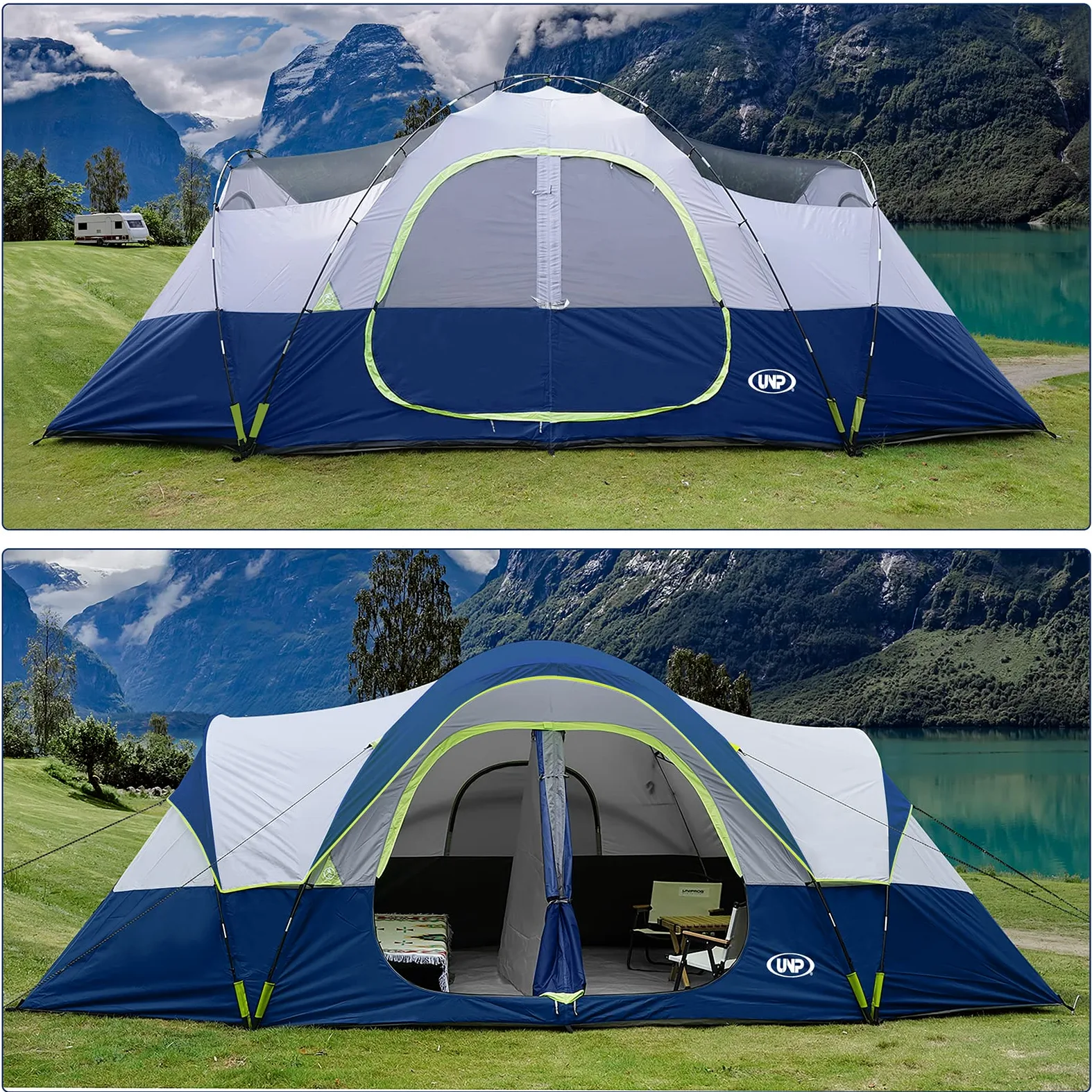 UNP Tienda de Campaña 10 Personas, Tienda Familiar Grande Impermeable 1500 mm PU, 549 x 274 x 198 cm, 2 Habitaciones con Separador, 5 Ventanas de Malla, Altura para Estar de Pie