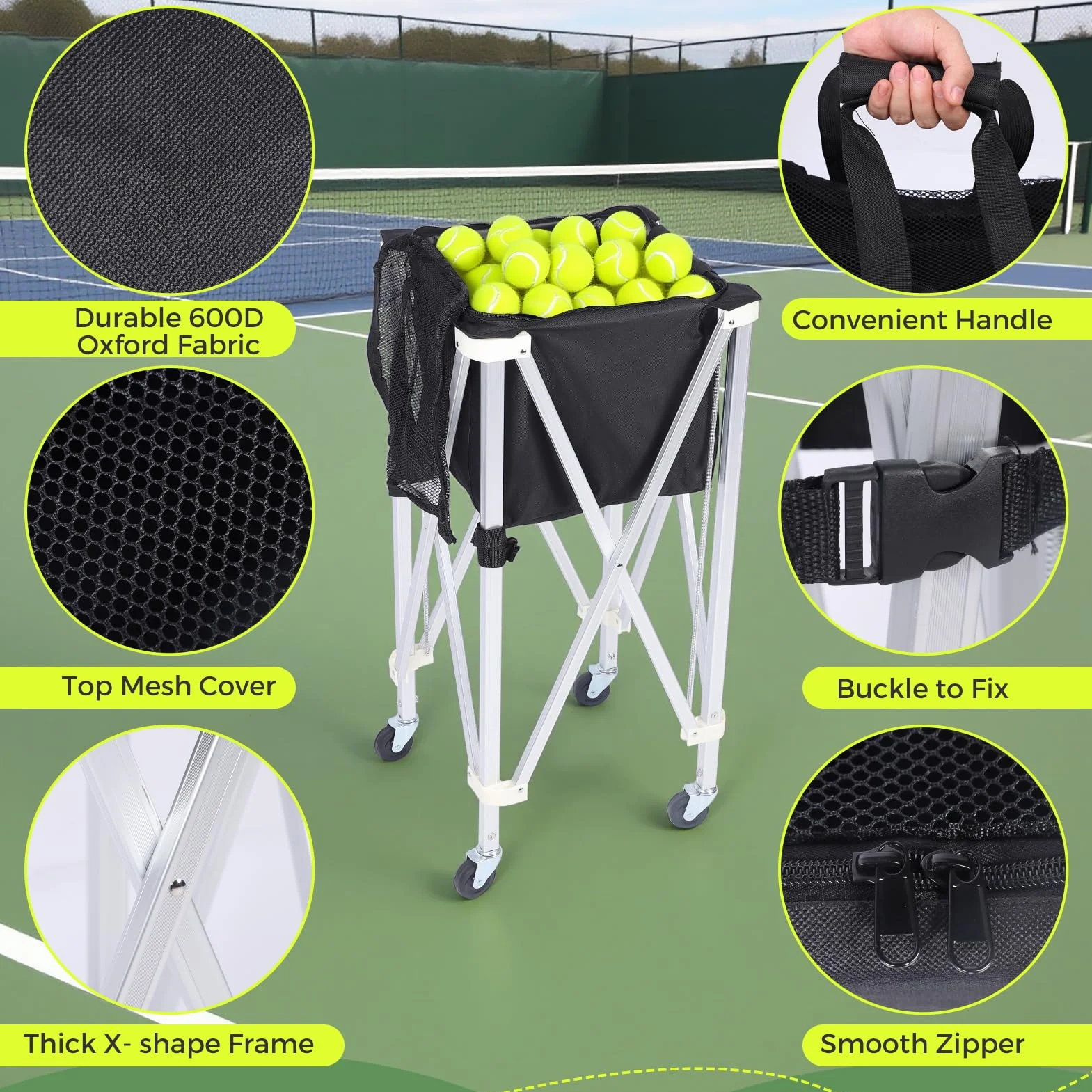 Pelotas de tenis portátiles Hopper, Carro de tenis con ruedas, plegable, gran capacidad, cesta de pelotas de tenis, 170 bolas para entrenamiento