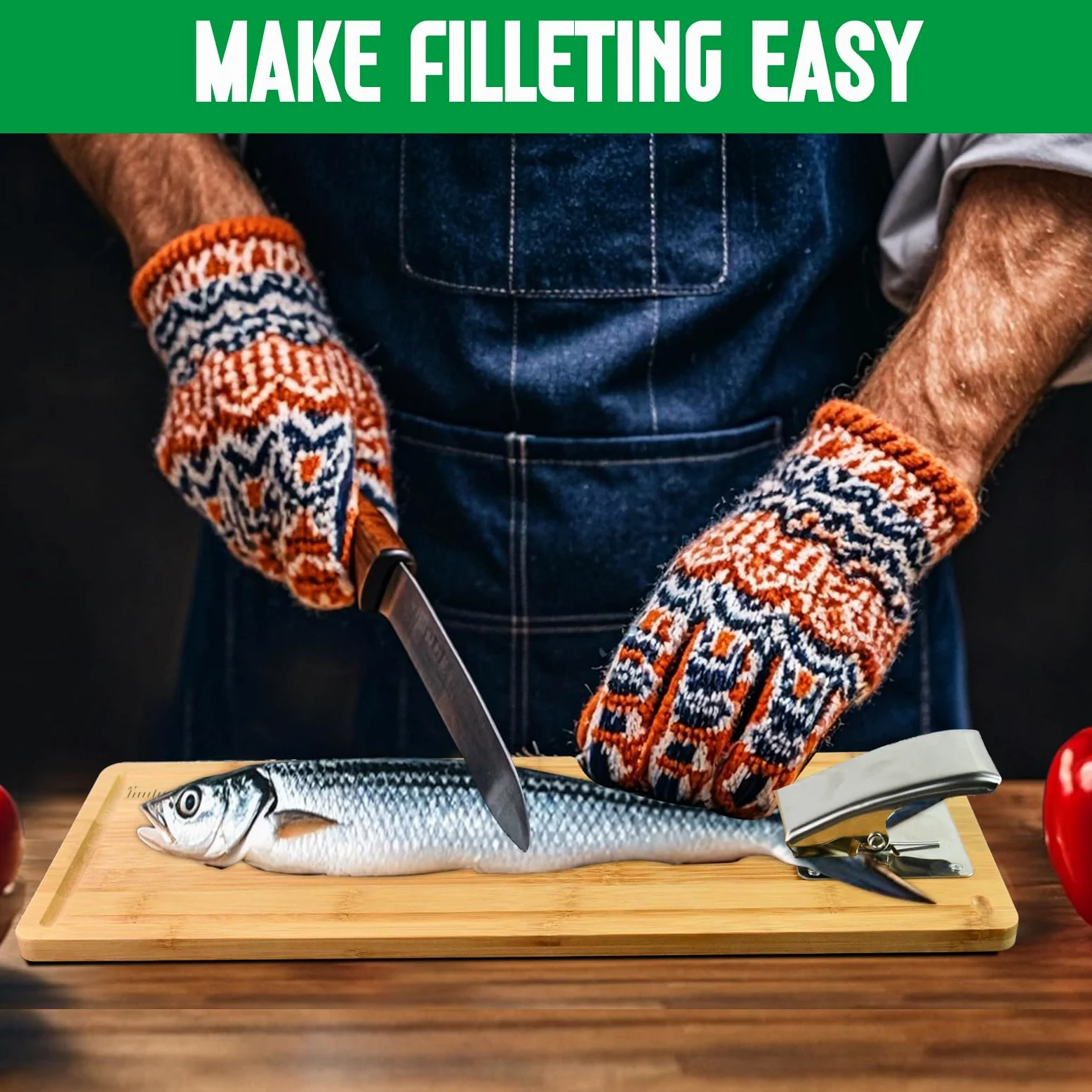 Tabla de cortar de limpieza de peces, kit de limpieza de peces, tabla de medición de pesca, tablas de filete de pescado con abrazadera y juego de cuchillos para filetear fácilmente