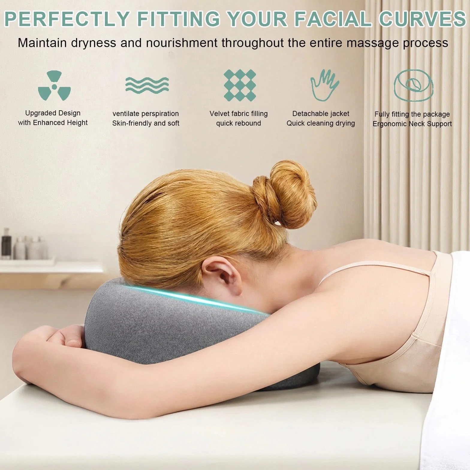 Almohada de Masaje Facial Boca Abajo con Agujero - Reposacabezas en Forma de U con Espuma Viscoelástica Gris