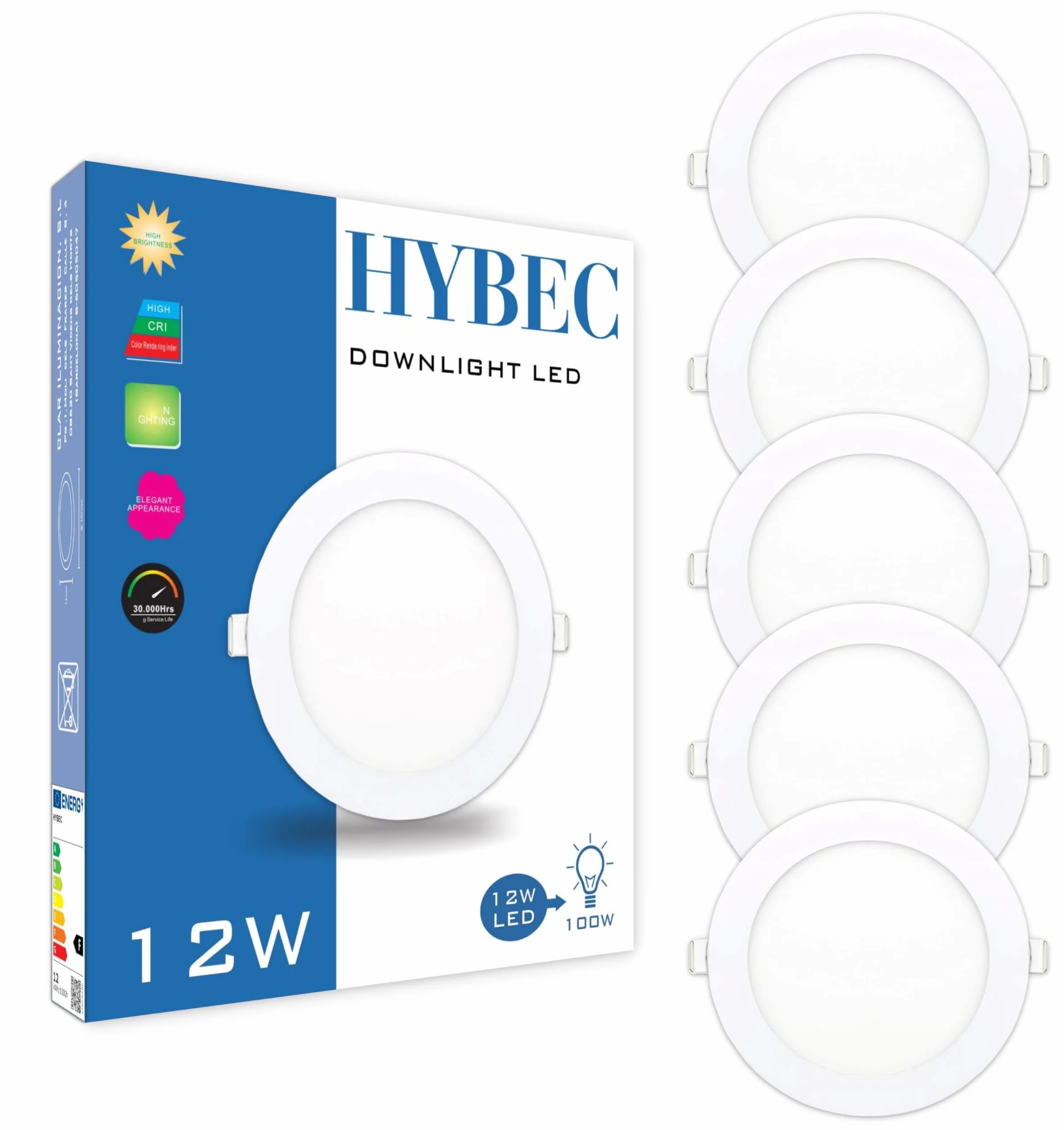 CLAR Hybec Downlight LED techo empotrable 12W Luz Cálida 3000K Pack 5