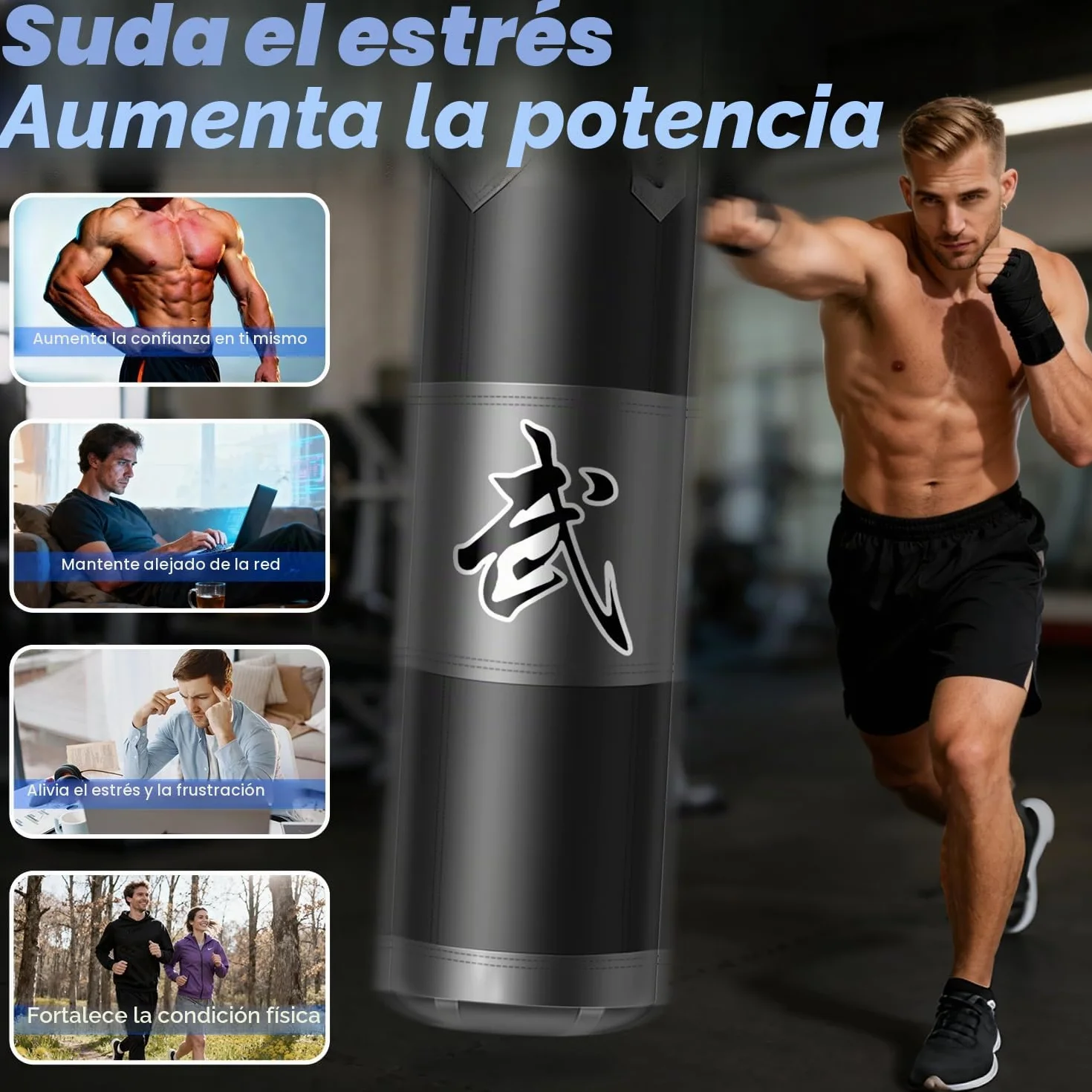 Saco de Boxeo Colgante 120 cm Tela Oxford con Gancho Cadena y Vendajes para MMA Karate Kickboxing