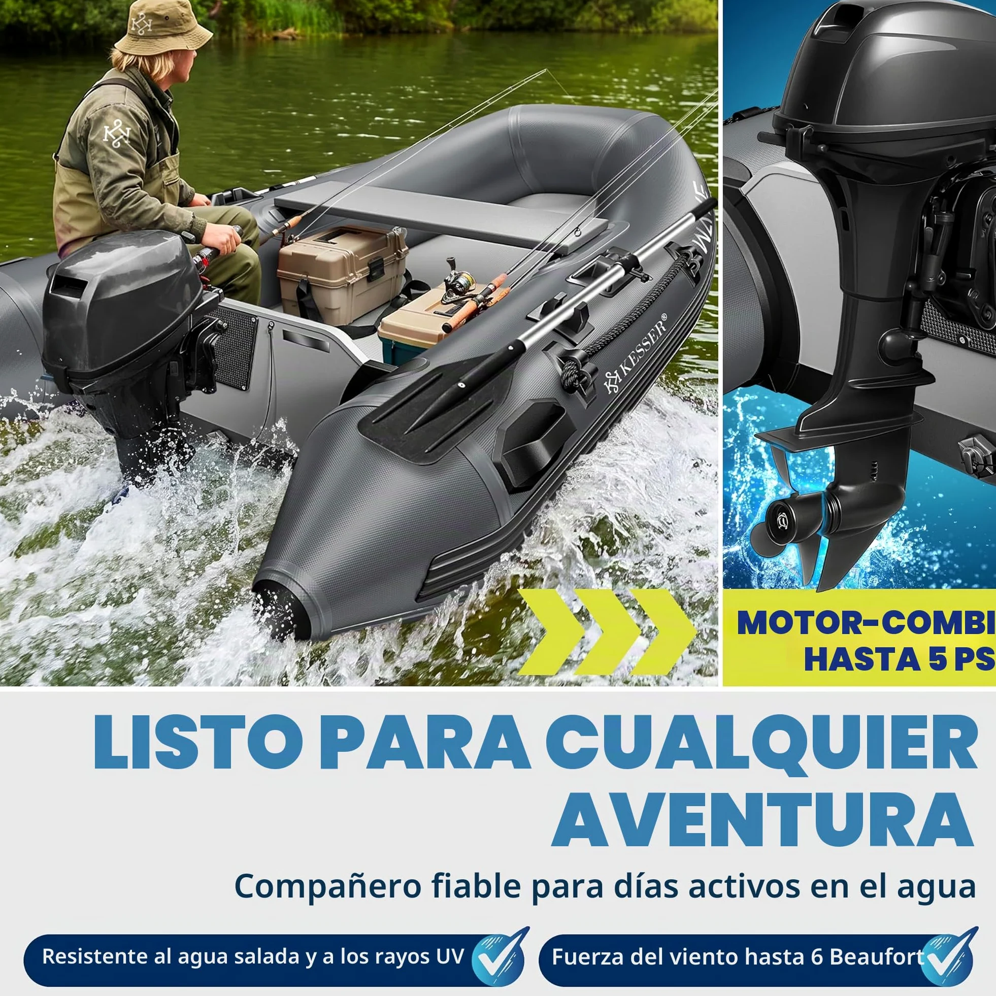 KESSER® Bote inflable Wave de 230 a 380 cm, juego de 6 piezas – barco + banco, bomba de aire, remo, kit de reparación, bolsa, bote de pesca, bote de remo pequeño y grande – combinación de motor