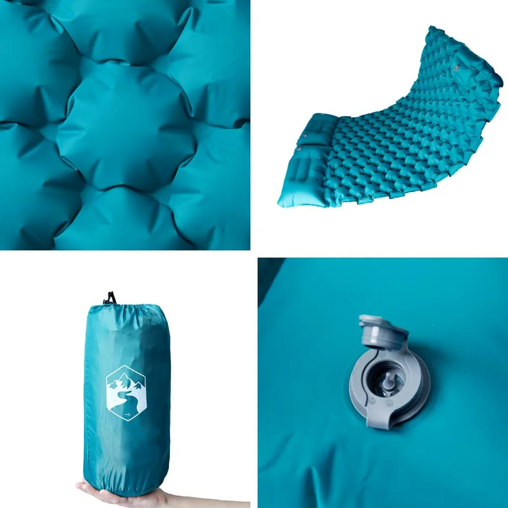 Colchoneta doble con cojín autoinflable azul para senderismo, playa, viaje, tienda de campaña
