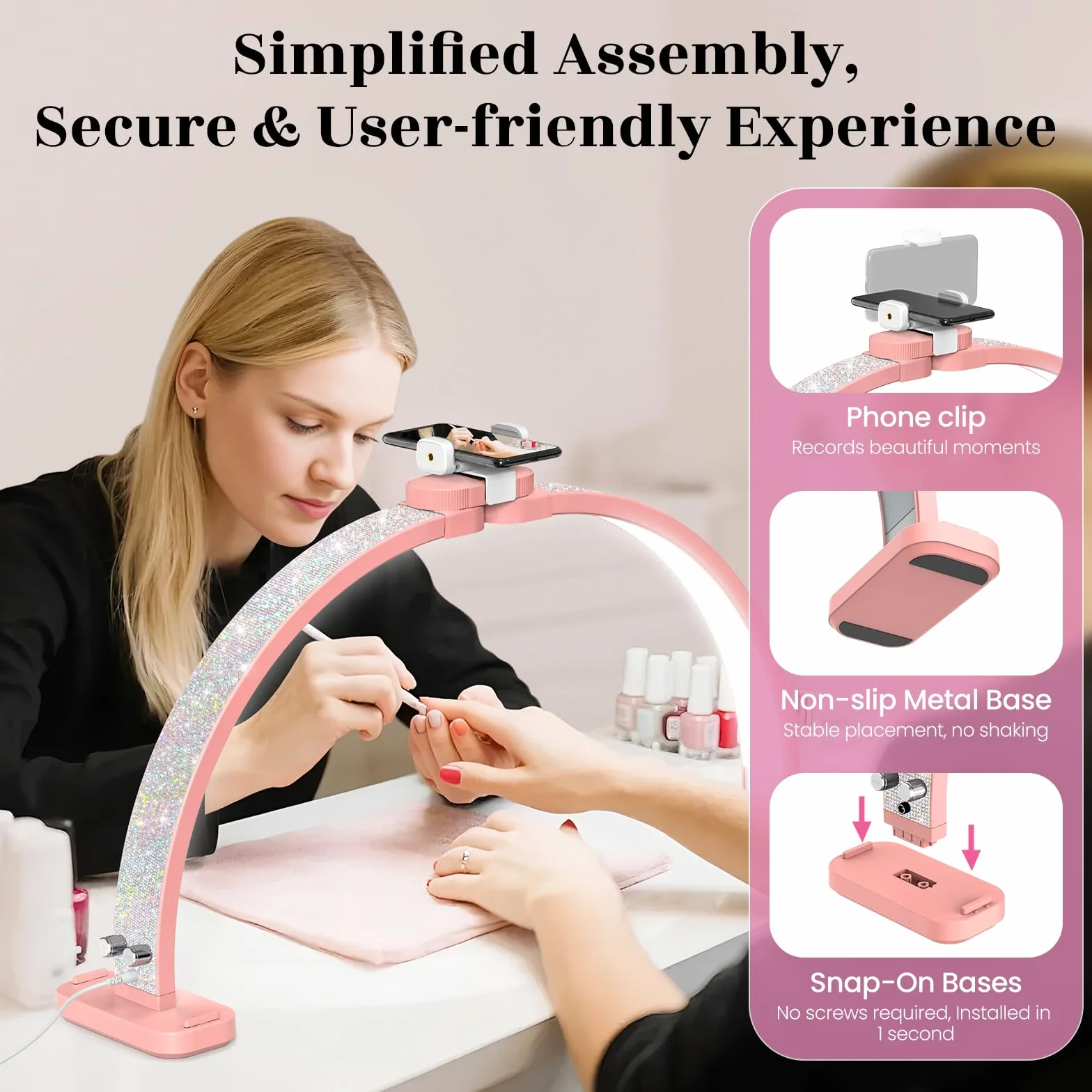 Media Luna Lámpara para Uñas 30" con Soporte 3 Modos Color 10 Niveles Brillo Ajustable Manicura Diamante Rosa
