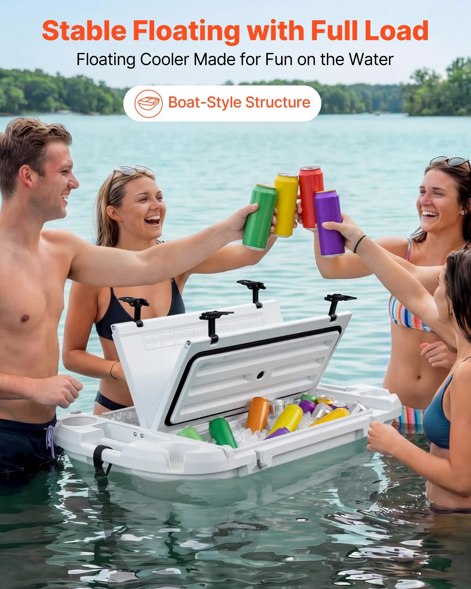 VEVOR Nevera Flotante 37,9 L Enfriador Flotante para Agua y Tierra con Carcasa Rígida Aislada, Ruedas, Portavasos, Cuerda de Remolque, Asas Laterales para Playa Piscina Barco Bebida Hielo Color Blanco