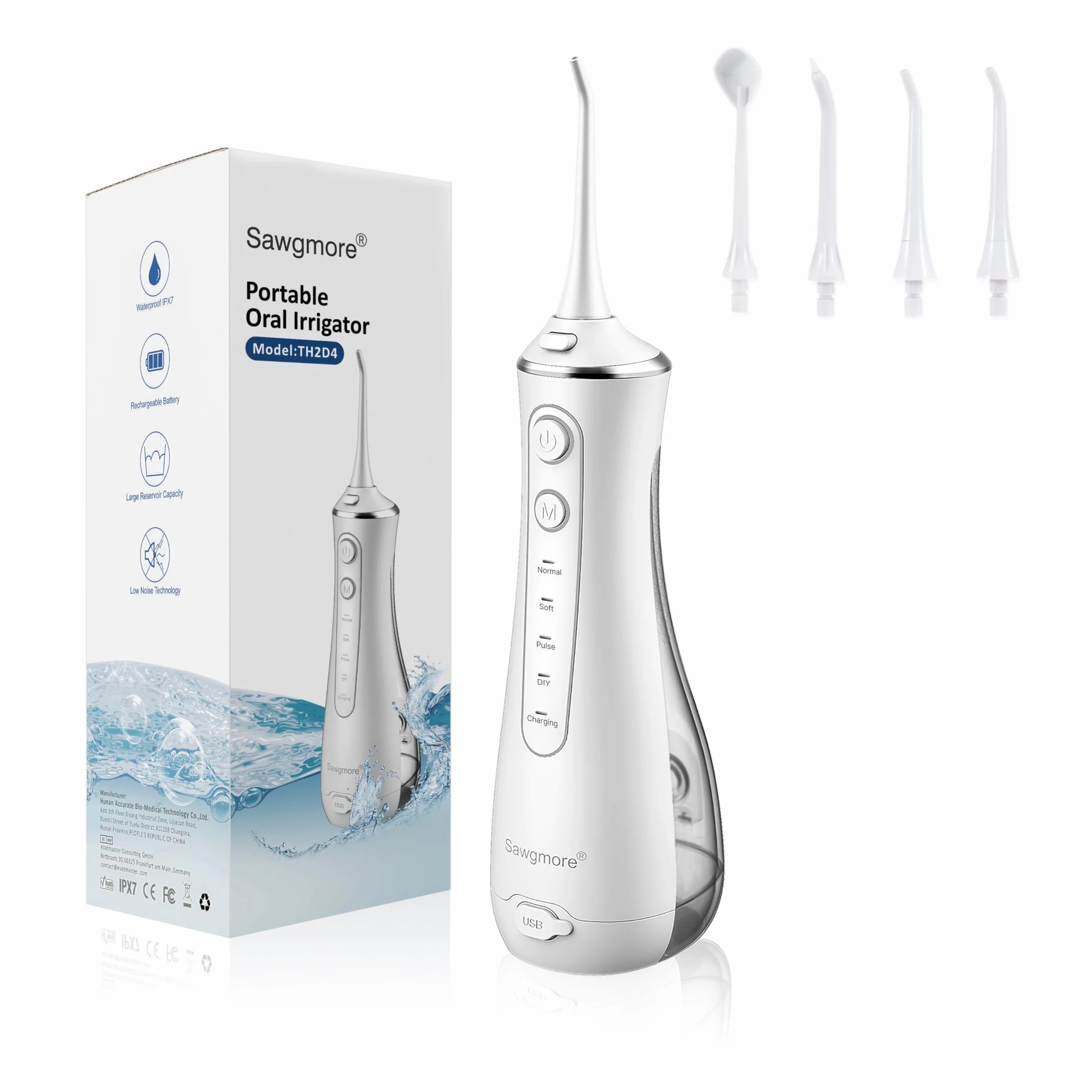 Sawgmore Irrigador Bucal Portatil, Recargable USB, Impermeable IPX7, 4 Modos y 4 Boquillas