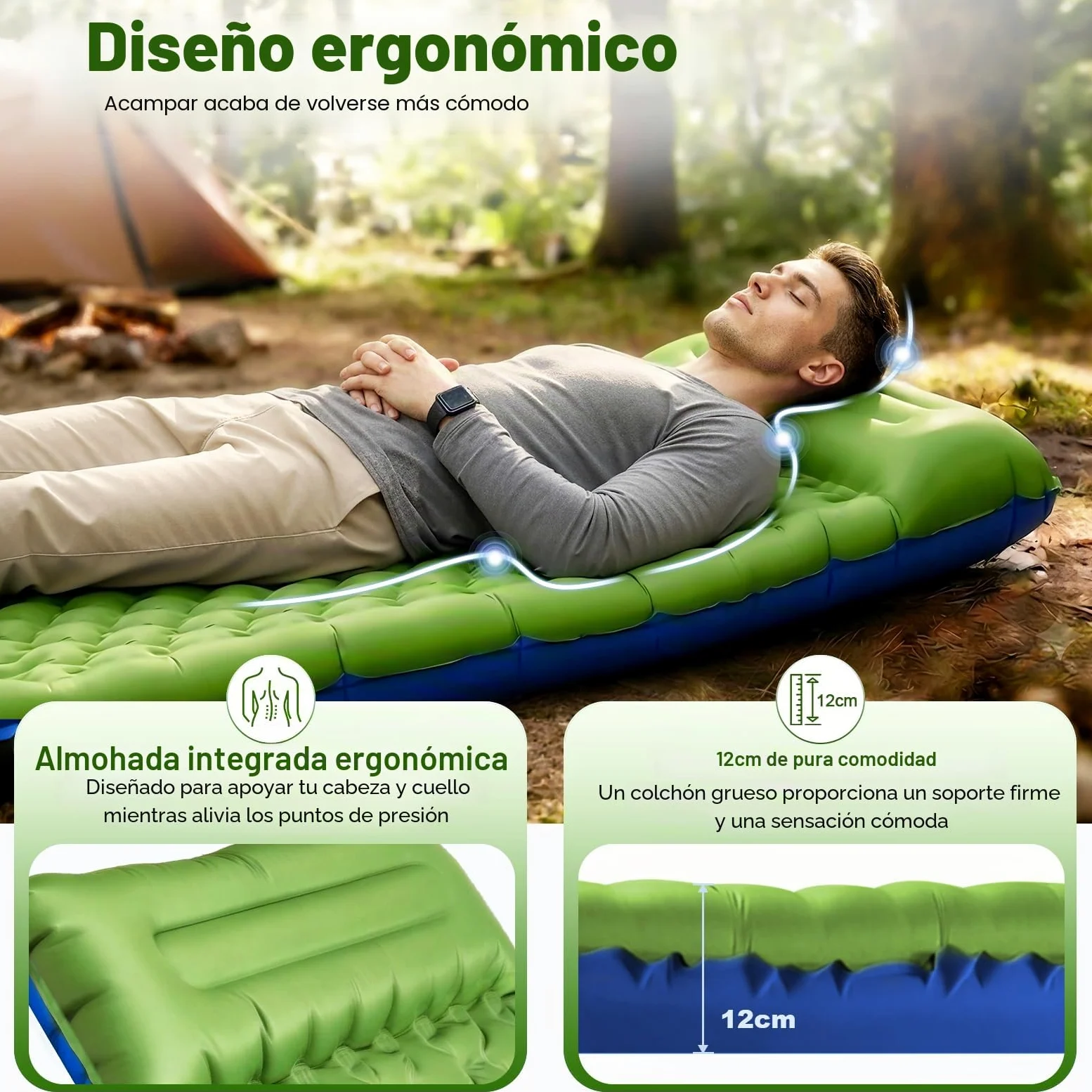 JATEKA Colchoneta Autoinflable XL para Camping, Individual con Correas, Verde y Azul, Colchón Ligero para Senderismo