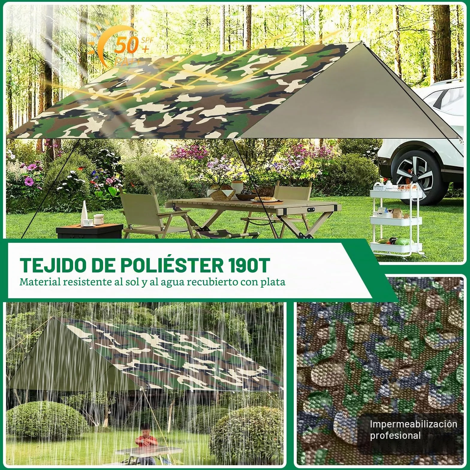 Toldo de Refugio Camping 3x3M, Toldo Camping Impermeable,Tienda de Campaña Tarp con 6 Cuerdas,6 Clavos de Tierra,2 Bolsa de Guarda,Lona Protectora Anti-UV para Vivac, Picnic, Playa, Hamaca