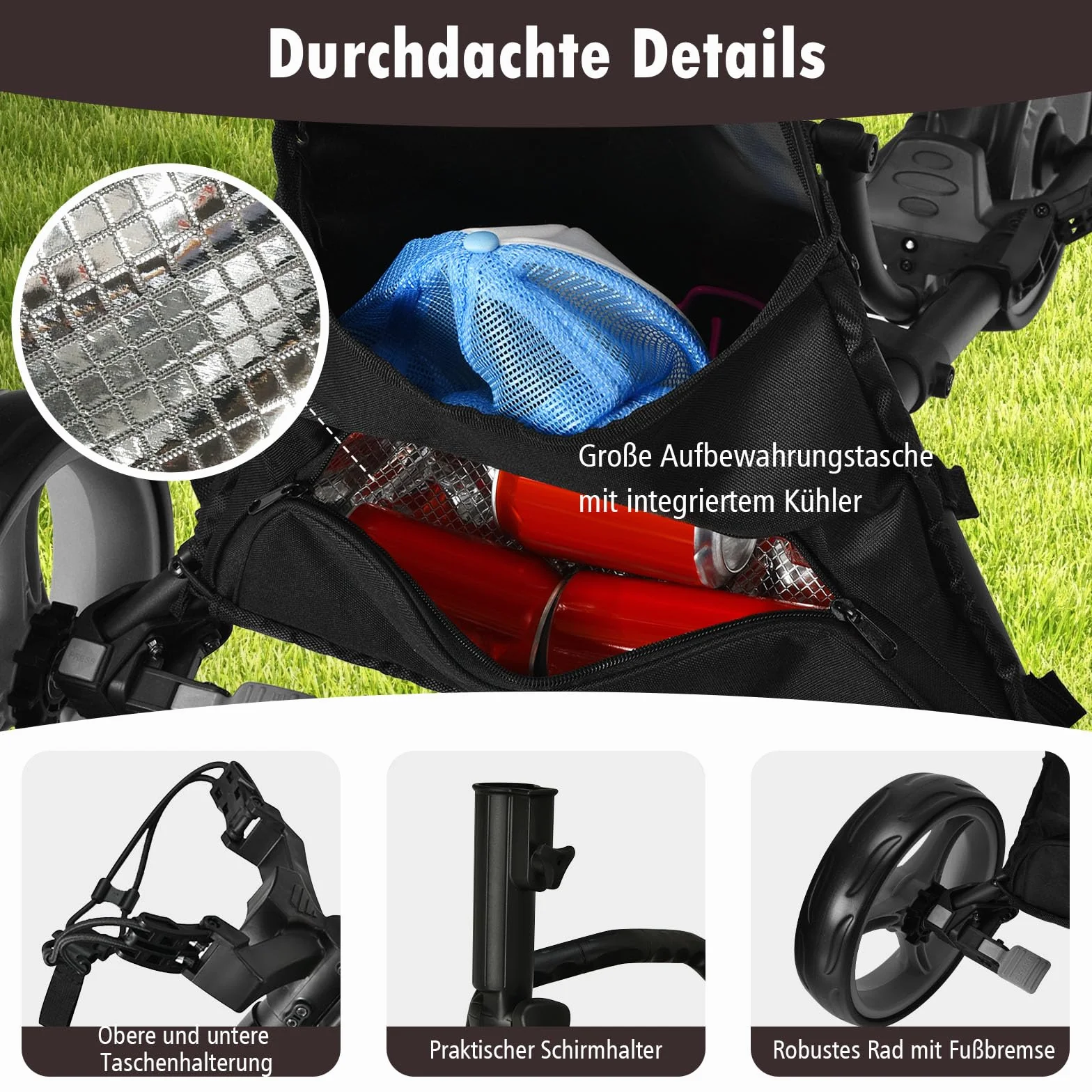 GYMAX Carro de Golf Plegable 3 Ruedas con Asa Ajustable, Soporte Paraguas y Portavasos