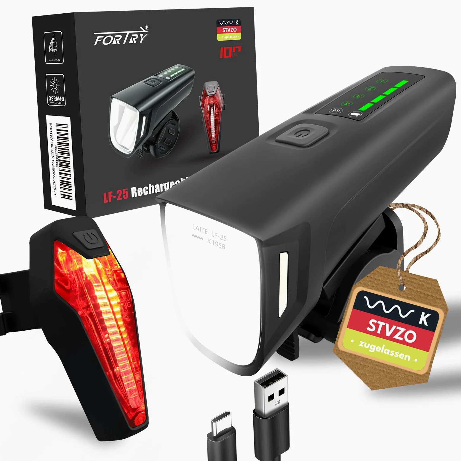 Juego de luces de bicicleta, iluminación de bicicleta certificada por StVZO, USB tipo C carga luces led set,IPX5 impermeable luz delantera y trasera