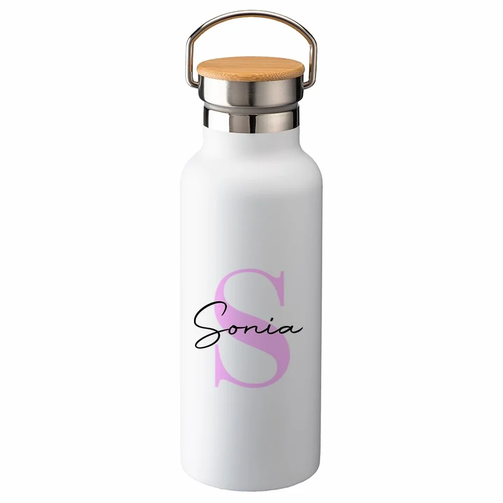 Genérico Botella térmica personalizada inicial y nombre 500 ml bambú, acero inox
