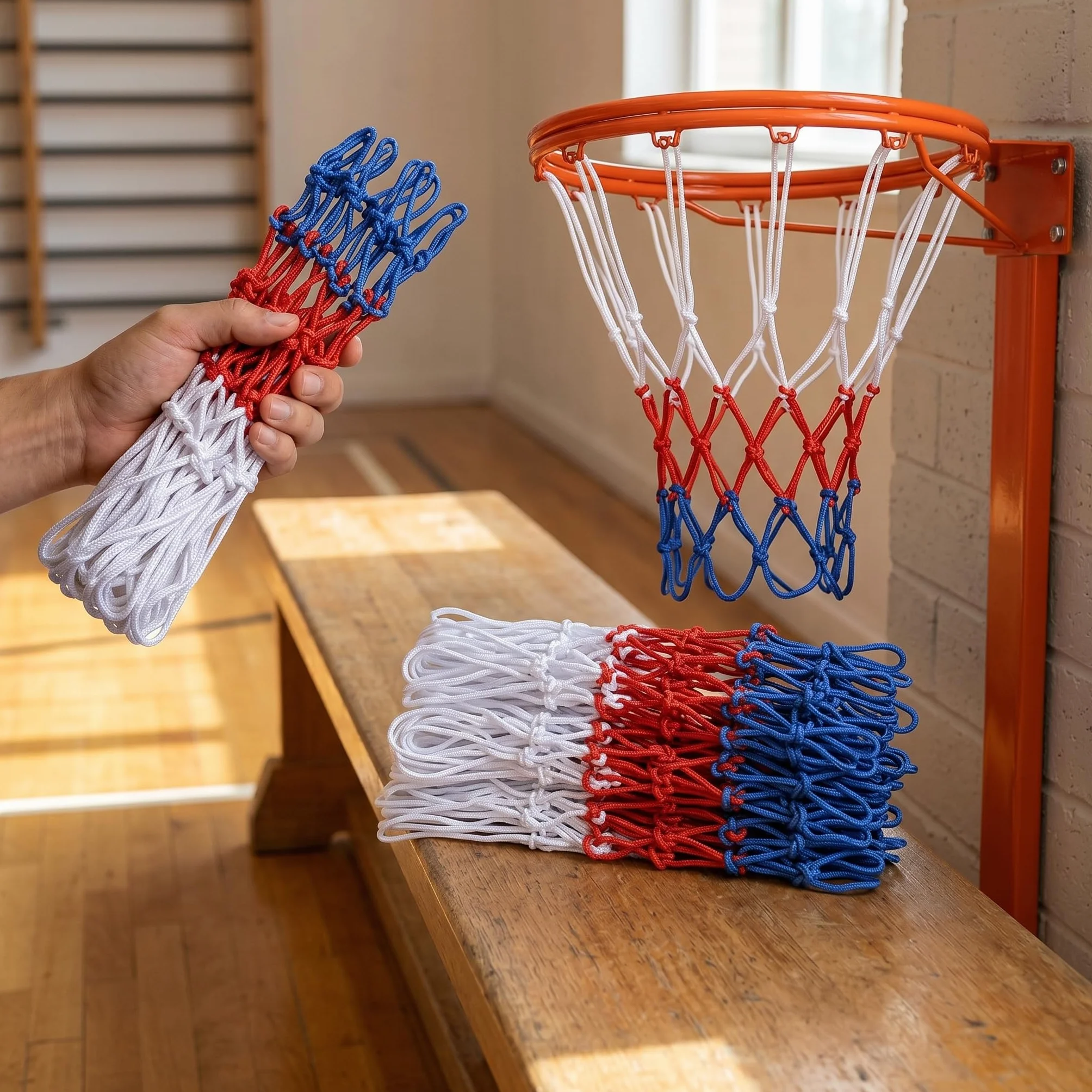 Red de Baloncesto Tricolor Blanco Azul Rojo Pack 4 Redes Aro Estándar 12 Lazos Poliéster Resistente para Interior Exterior Canasta