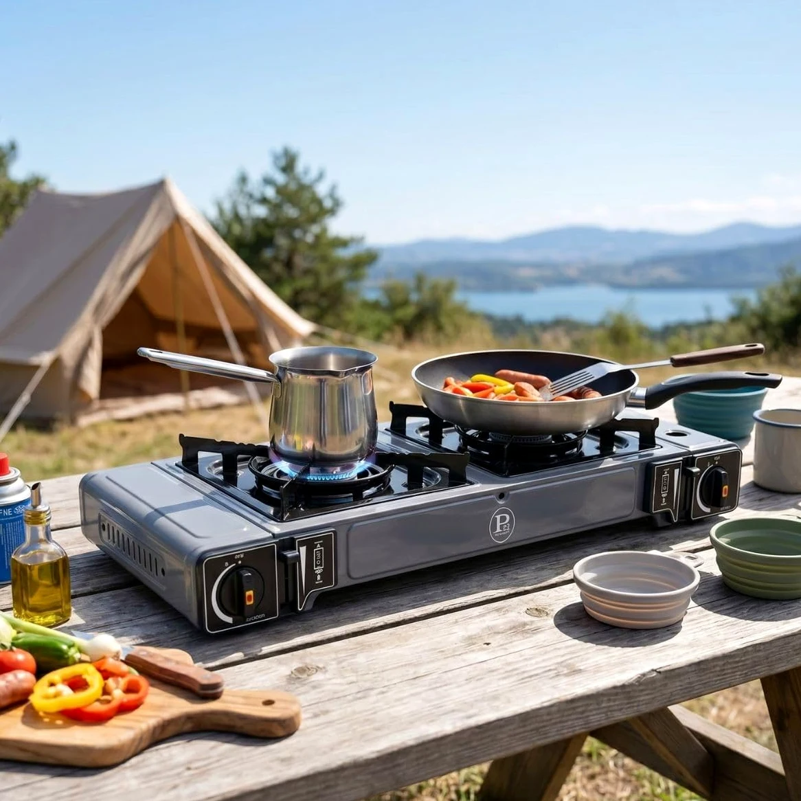 Intec – Hornillo de gas portátil 2 fuegos 3800 W encendido fácil Piezo seguro, cartucho de gas Butano, ideal estufa de camping, furgoneta y cocina exterior