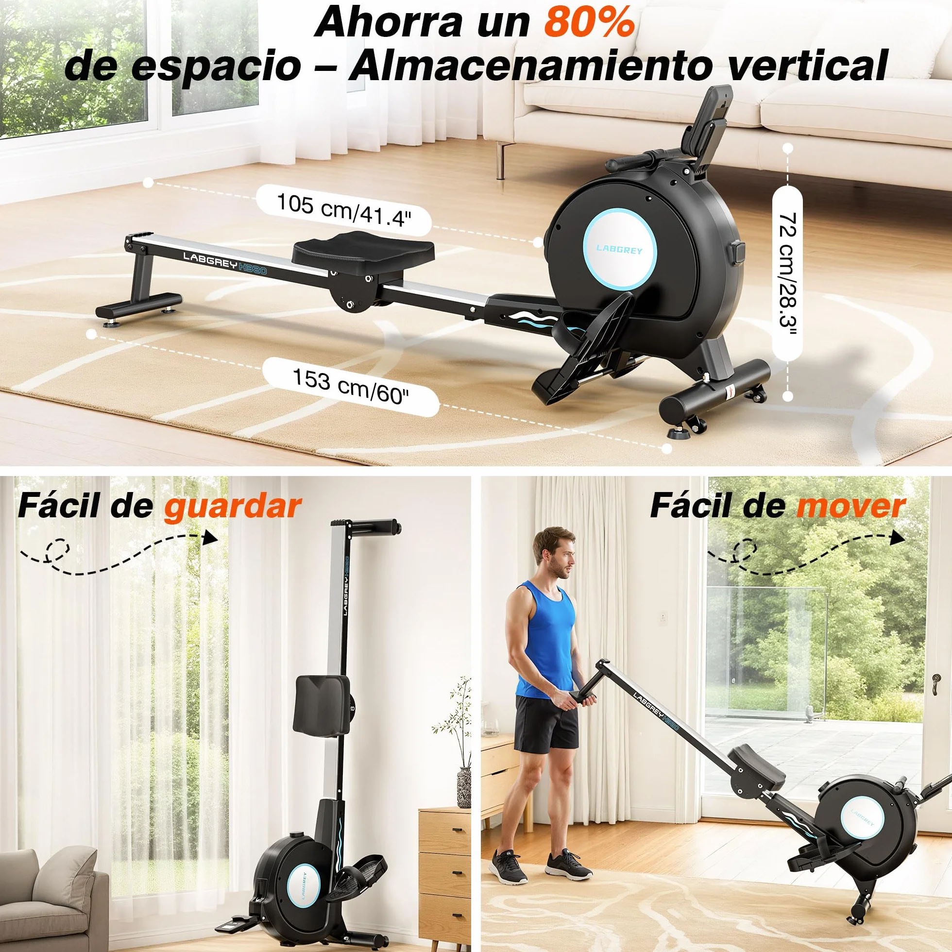 Máquina de Remo LABGREY Magnética Bluetooth para Casa, Compatible con App, Silenciosa y Estable, Soporta hasta 158 kg, Ideal para Entrenamiento Cardio en el Hogar