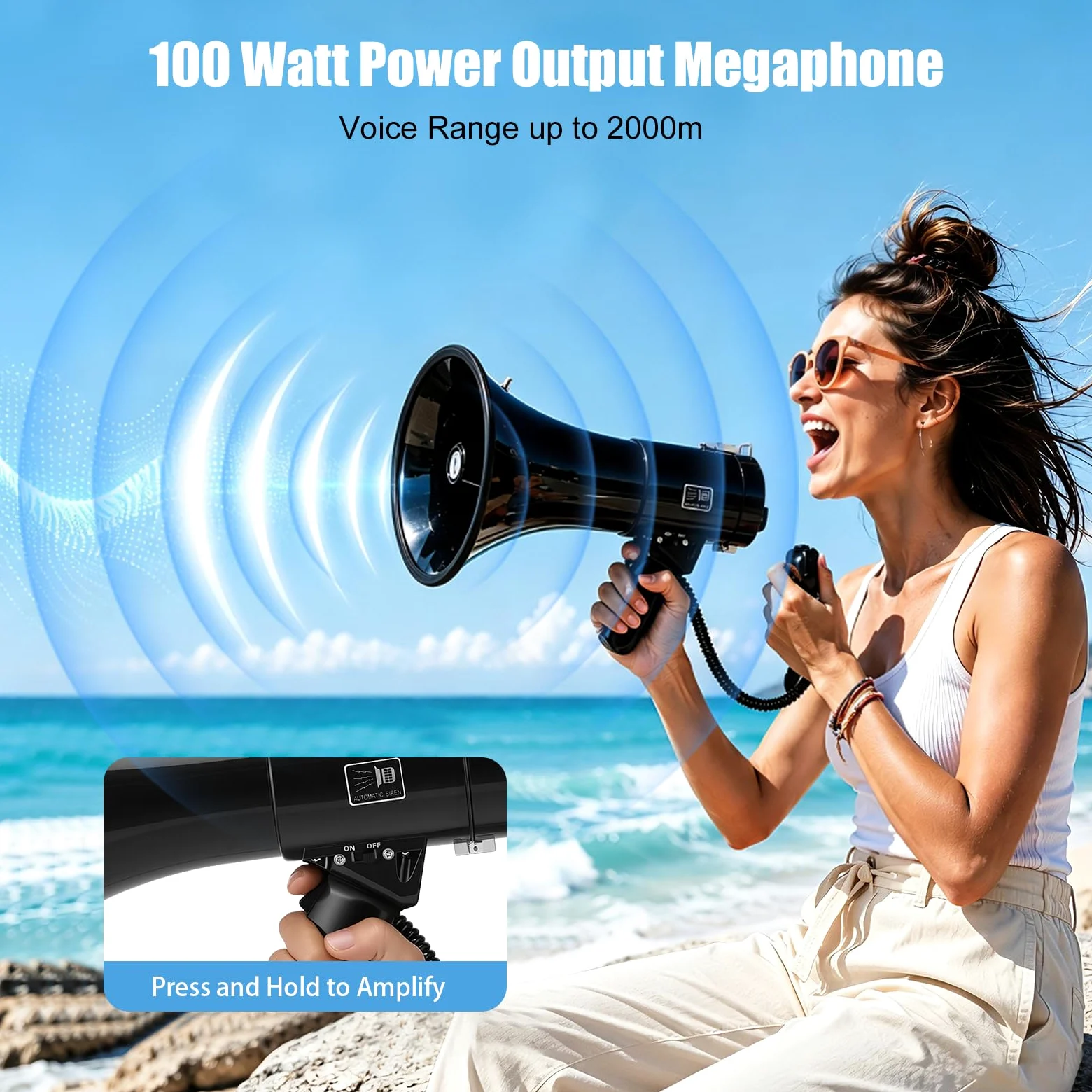 Megáfono portátil de 100 W con micrófono extraíble, Bluetooth, grabación USB, batería de 4800 mAh, alcance de 2000 m, 3 fuentes de alimentación, correa para el hombro para eventos, mercado, avisos de