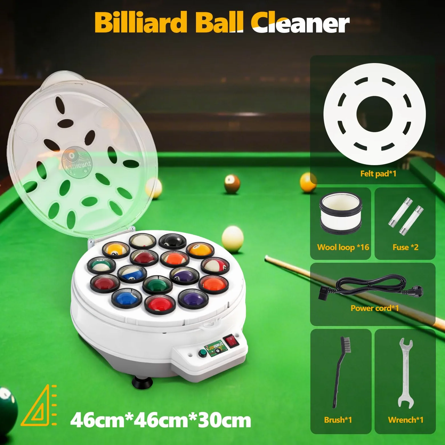 YJINGRUI Limpiador automático de bolas de billar, 16 bolas de piscina, pulidora, máquina de limpieza de bolas de billar, con llave y cepillo para bolas de billar de 57,2 mm