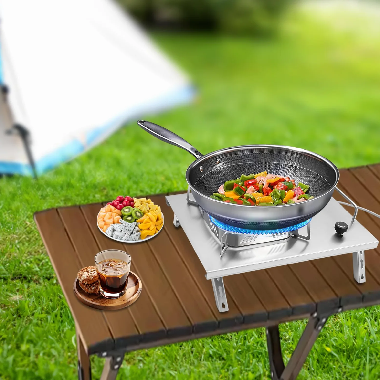 Hornillo de camping de gas plegable de 2600 W, hornillo de gas portátil con encendido piezoeléctrico, resistente al viento, quemador ajustable, incluye bolsa portátil para pícnic al aire libre,