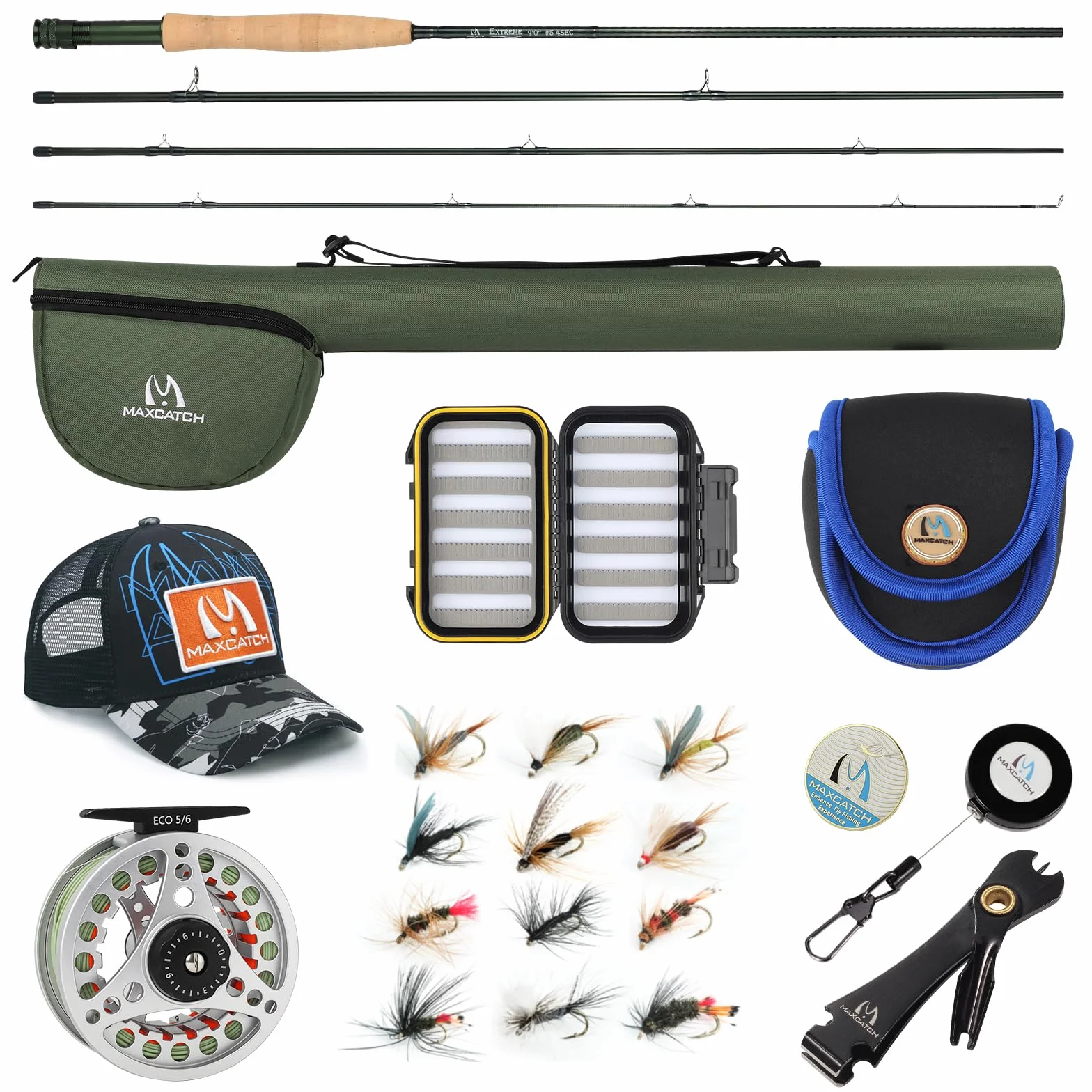 M MAXIMUMCATCH Maxcatch Extreme - Kit combinado de pesca con mosca de peso 3/5/6/8, carrete y caña para principiantes, con funda protectora de viaje (peso 6, 2,74 m, caña de 4 secciones, carrete 5/6)