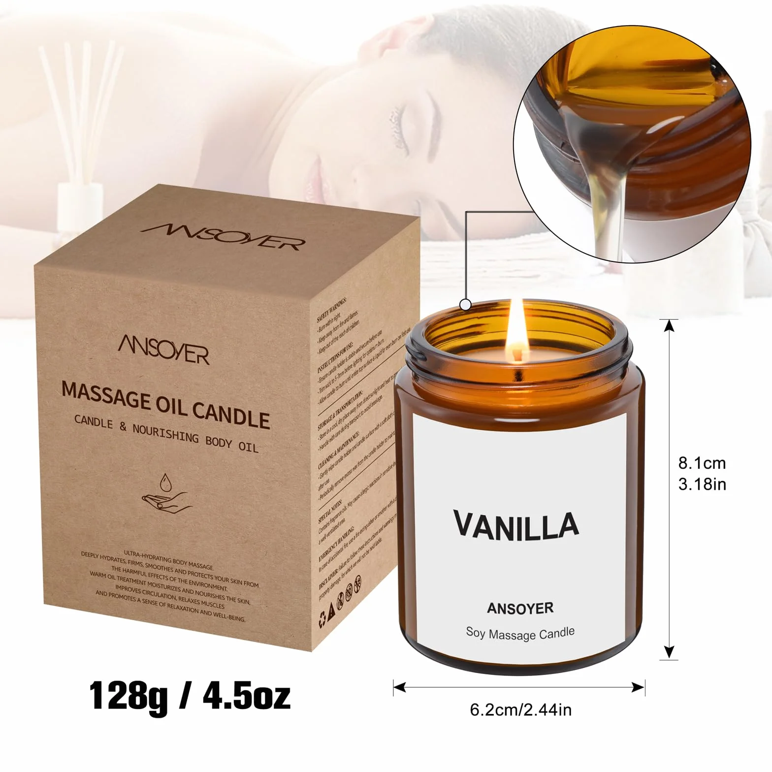 ANSOYER Vela de masaje 128g Vainilla aceite de coco aceite de soja