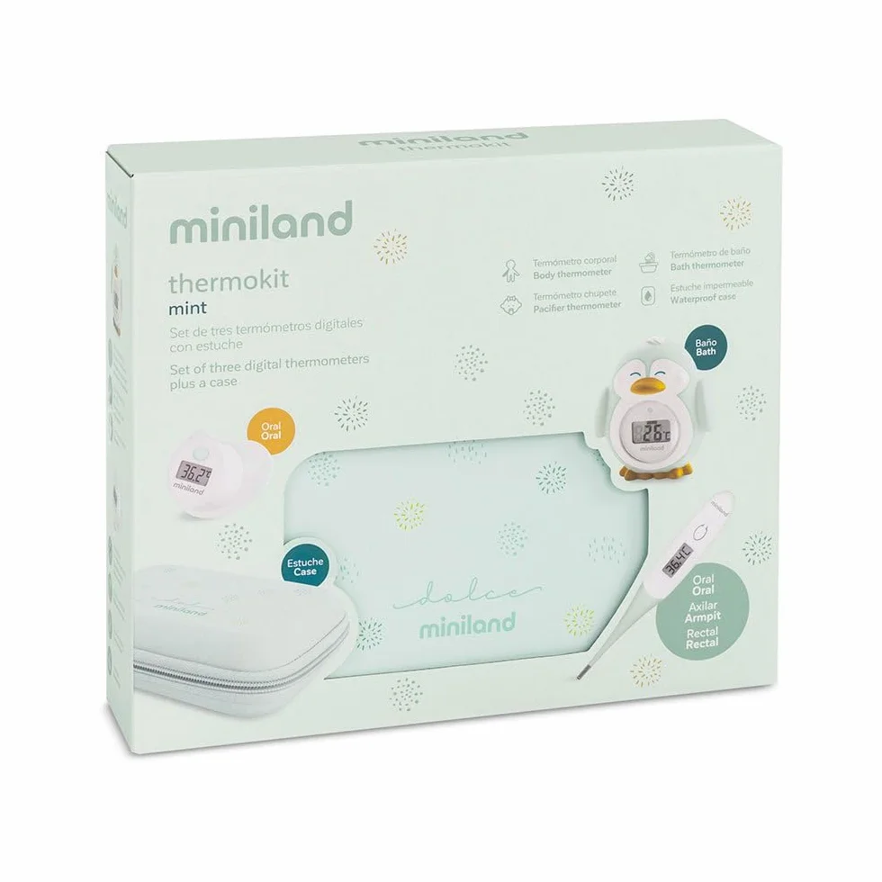 Miniland Termómetros Digitales para Bebé Set de 3 con Neceser: Chupete, Corporal, Baño Thermokit Mint