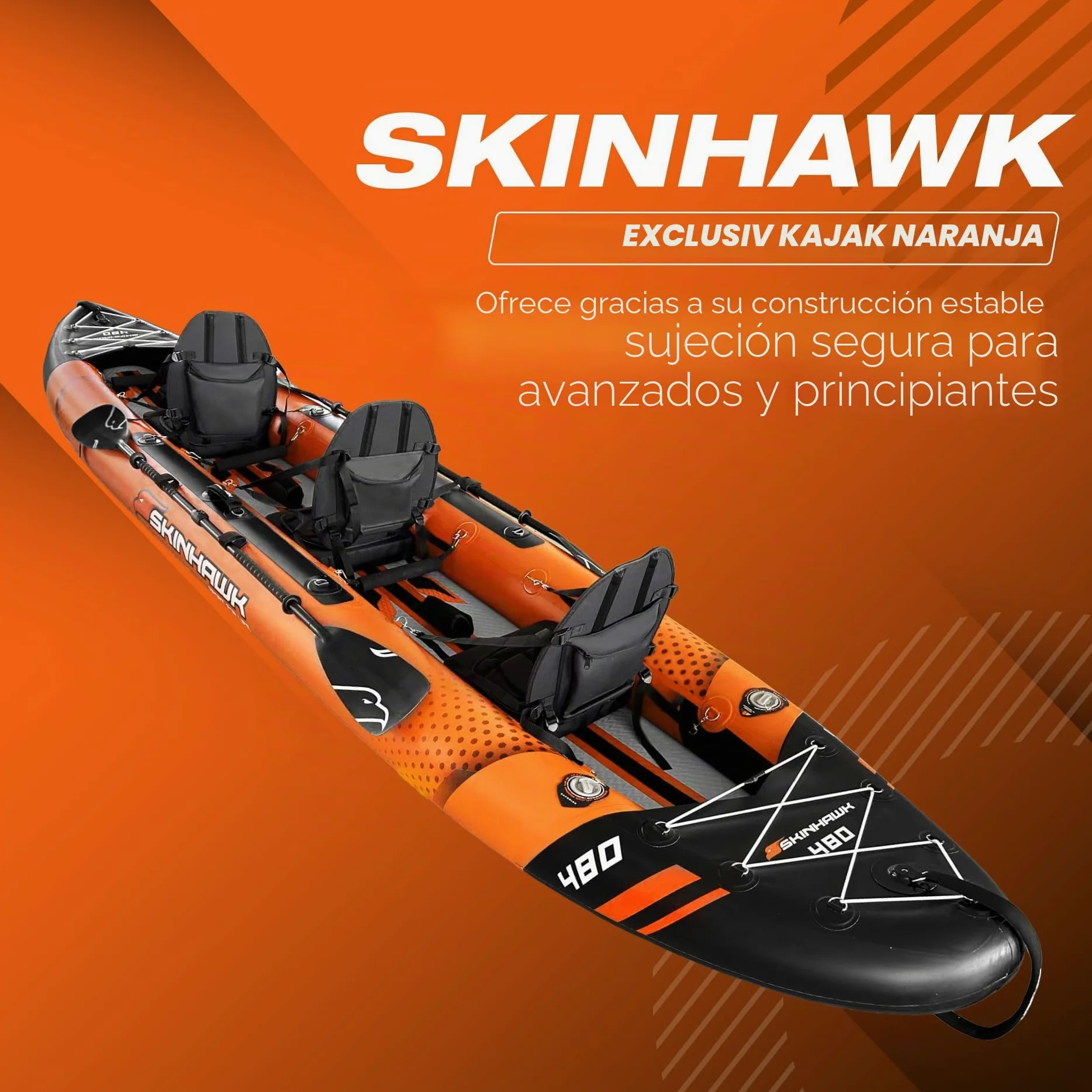 SKINHAWK Exclusiv Orange Kayak Set 480 – Barco inflable – Canoa – 480 x 96 cm – Kayak para 3 personas