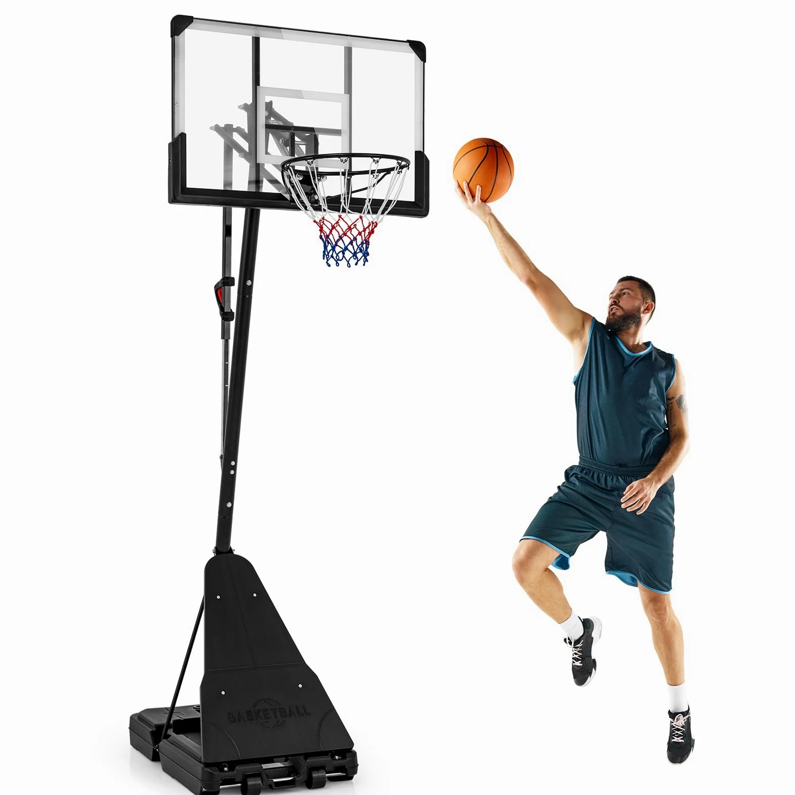 COSTWAY Canasta de Baloncesto Exterior, Altura Ajustable de 1,5 m a 3,05 m, Aro de Baloncesto Portátil PC con Base Rellenable de Agua 60 kg o Arena 150 kg, Canasta de Baloncesto Adolescentes y Adultos