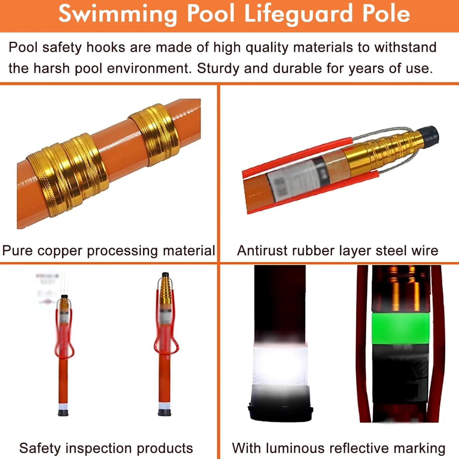 Gancho y poste para salvar vidas de piscina, postes reflectantes resistentes de rescate para salvar vidas/varillas de fibra de vidrio para niños mayores, adultos, yates de barco, muelle junto al lago