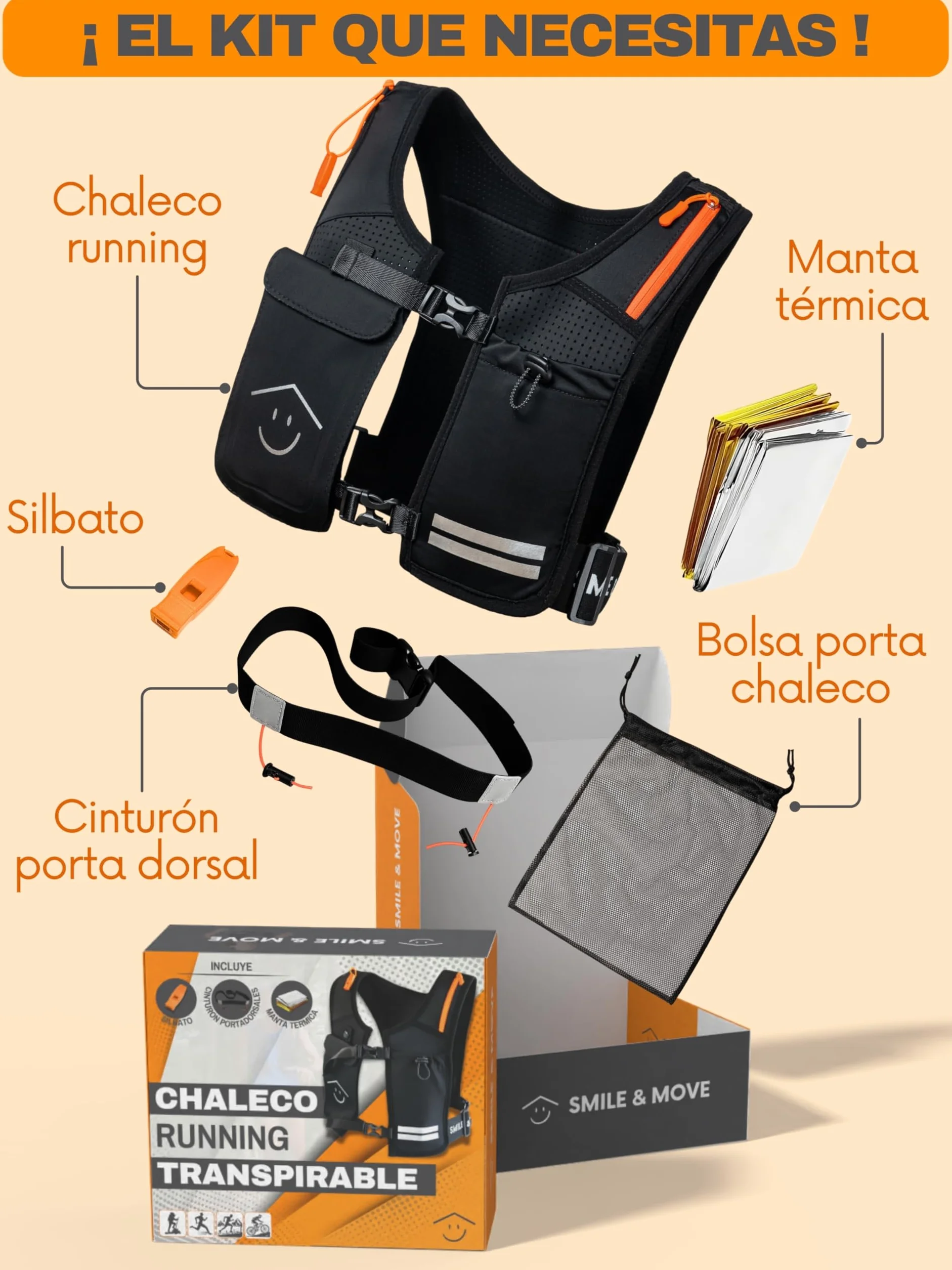 Chaleco Running Seguridad Hombre Mujer Ligero Sin Rebote 7 Bolsillos Transpirable Reflectante