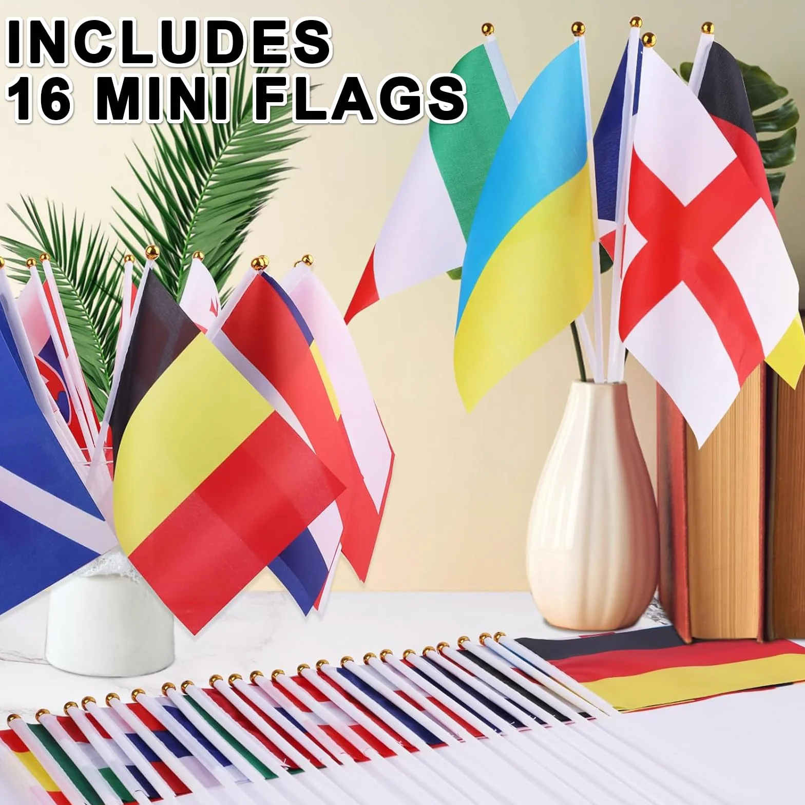 Banderas de 16 Naciones en Palo para Decoración de Fútbol Europeo Femenino 2025, Banderitas de 14 x 21 cm, Fiestas, Eventos y Celebraciones Deportivas