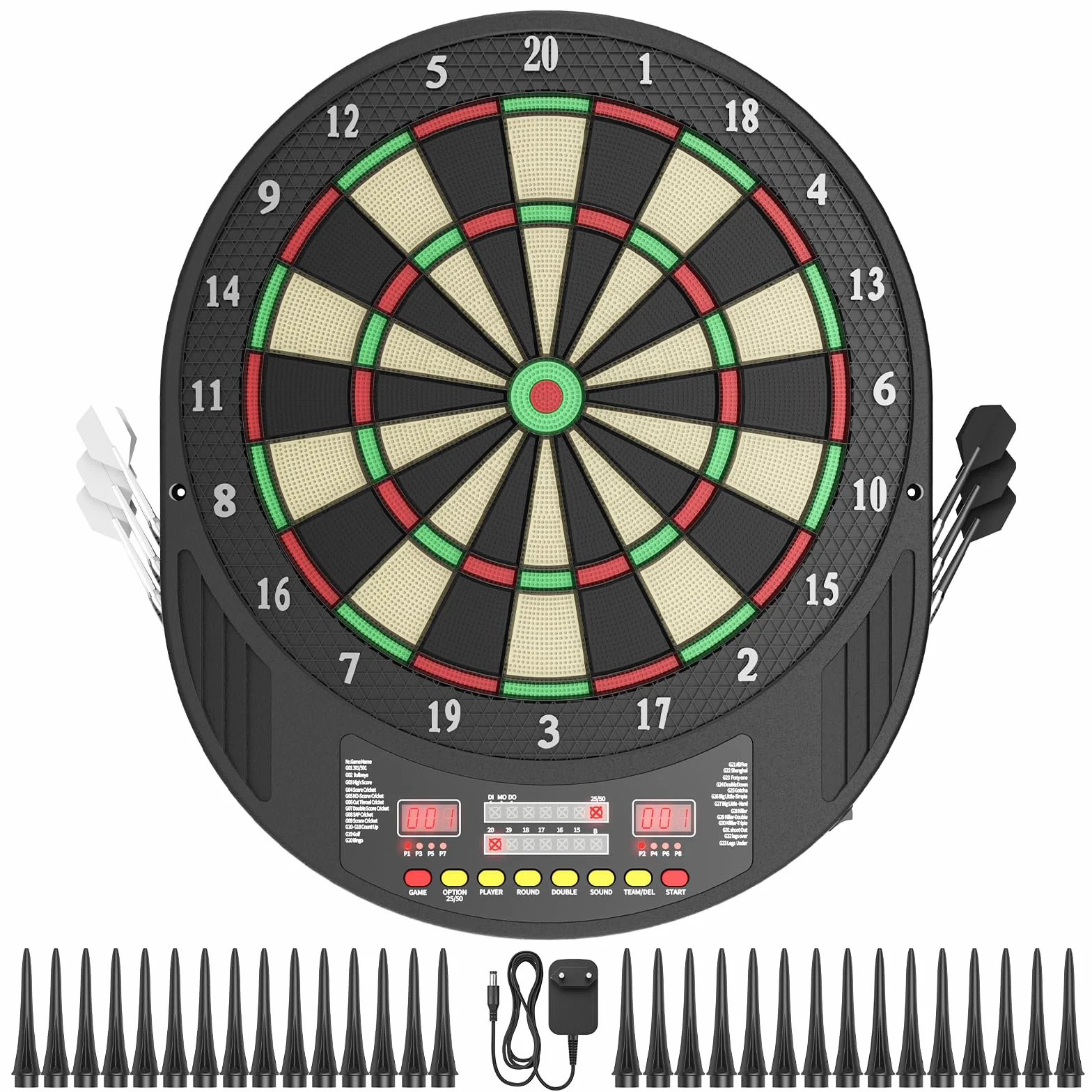 Diana electrónica con indicador LED, 33 juegos para hasta 8 jugadores, incluye 6 dardos y 30 puntas de repuesto, montaje en pared para fiestas y ocio