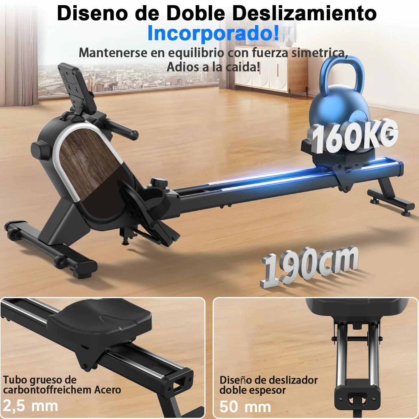 CHAOKE Maquina de Remo para Casa, Pistas Dobles Ultra Silenciosas y Estables,16 Niveles de Resistencia Magnético con App, Bluetooth y Pantalla LCD, Soporta hasta 160 KG, Fitness en Interiores