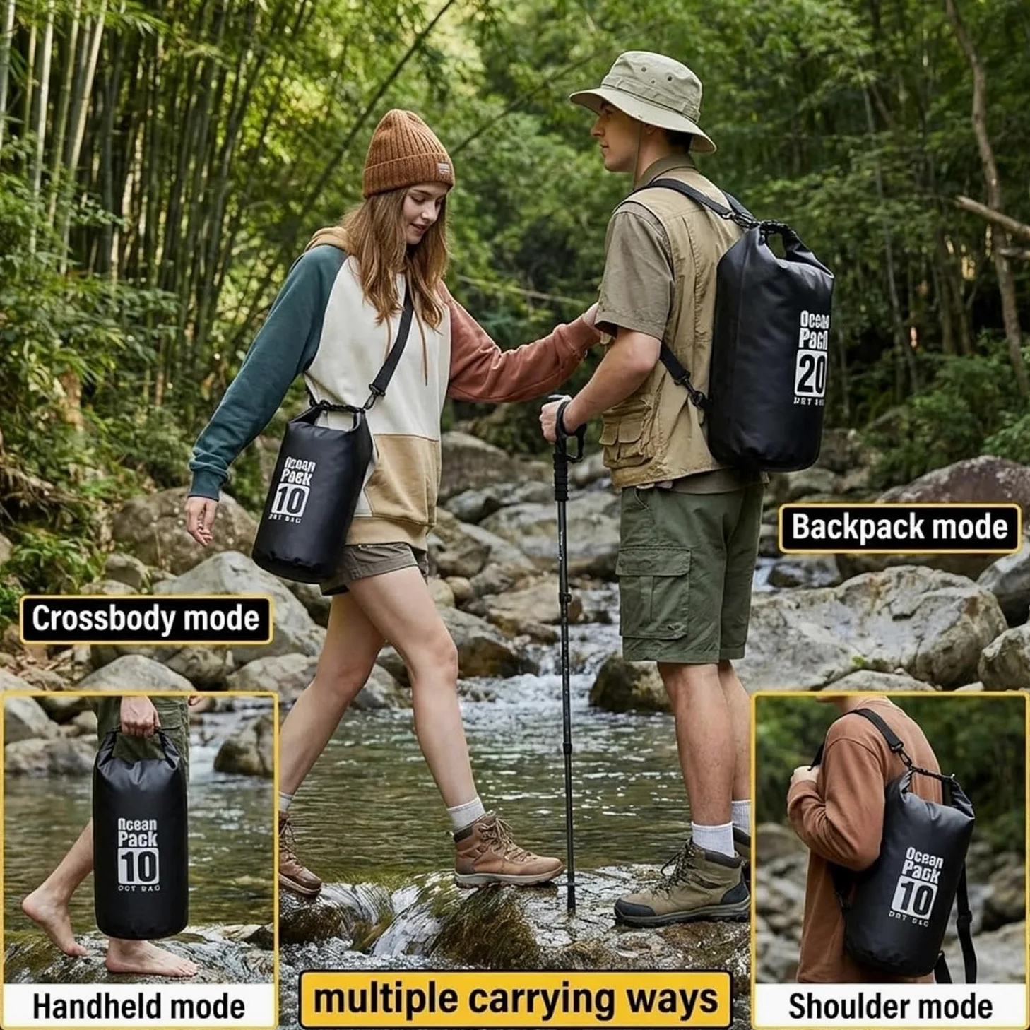Bolsa seca flotante impermeable de 5L/10L/15L/20L para mujer, mochila ligera y duradera para kayak, natación, camping, senderismo, suave y resistente a la abrasión con cierre enrollable (negro