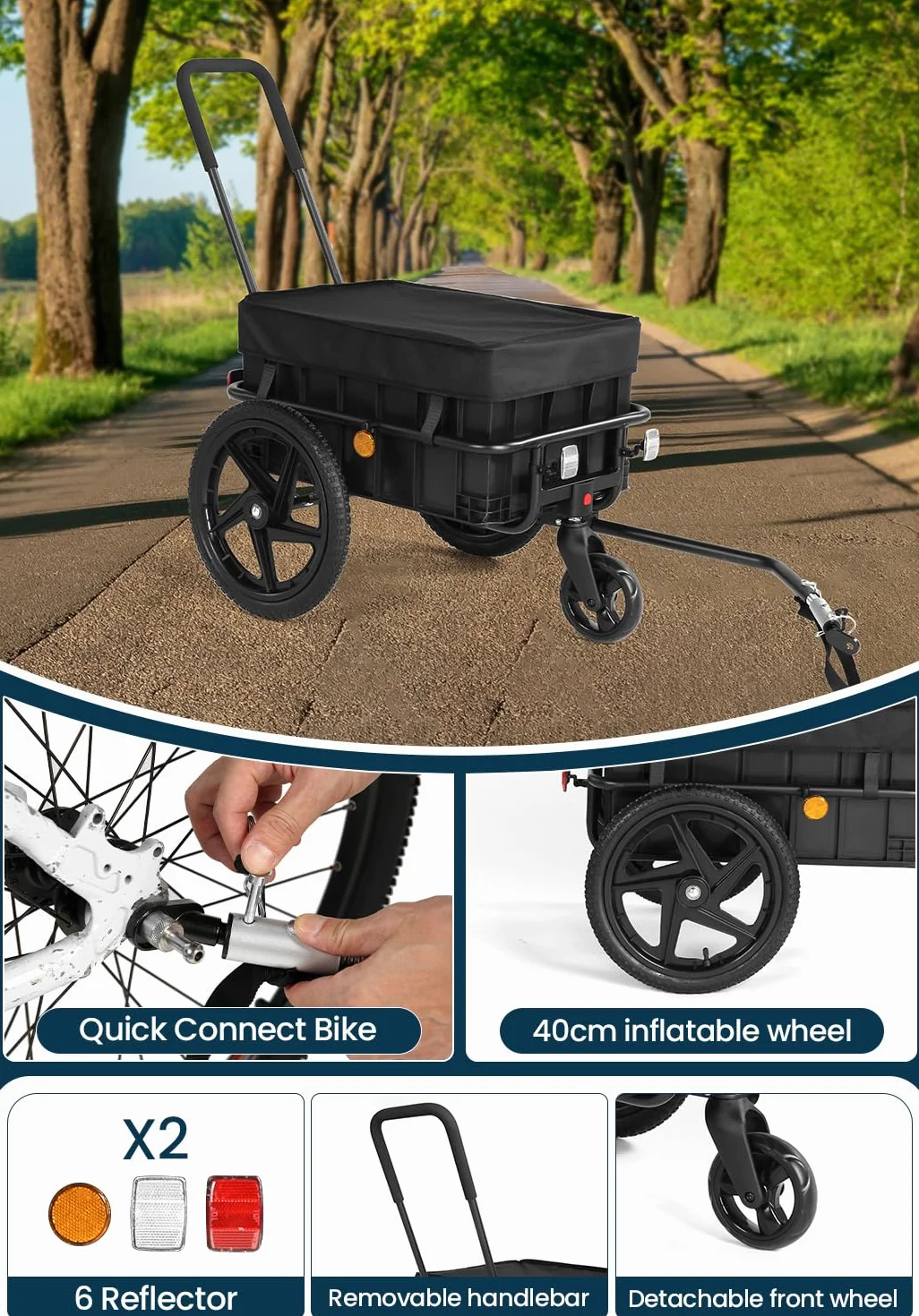 SEPNINE 2 en 1 Remolque de Bicicleta, Remolque de Carga con Enganche, Carro de Mano con Barra de Empuje, Marco de Hierro, Neumáticos de 40 cm, Capacidad de Carga de 40 kg