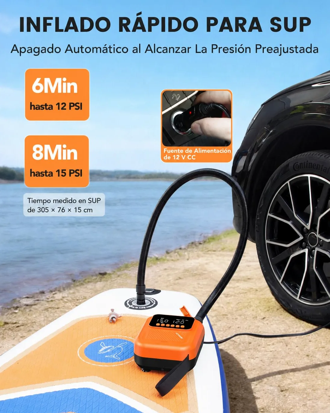 Bomba Eléctrica Sup 20 PSI, Inflador Paddle Surf Electrico | Parada Automática, Doble Pantalla Digital, Inflado/Desinflado, 7 Boquillas para Tablas de Sup Kayak Colchón Tienda Inflable