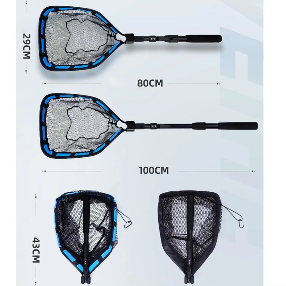 Red de pesca plegable extensible, mango telescópico de 80-100 cm con diseño flotante y cordón para un fácil almacenamiento