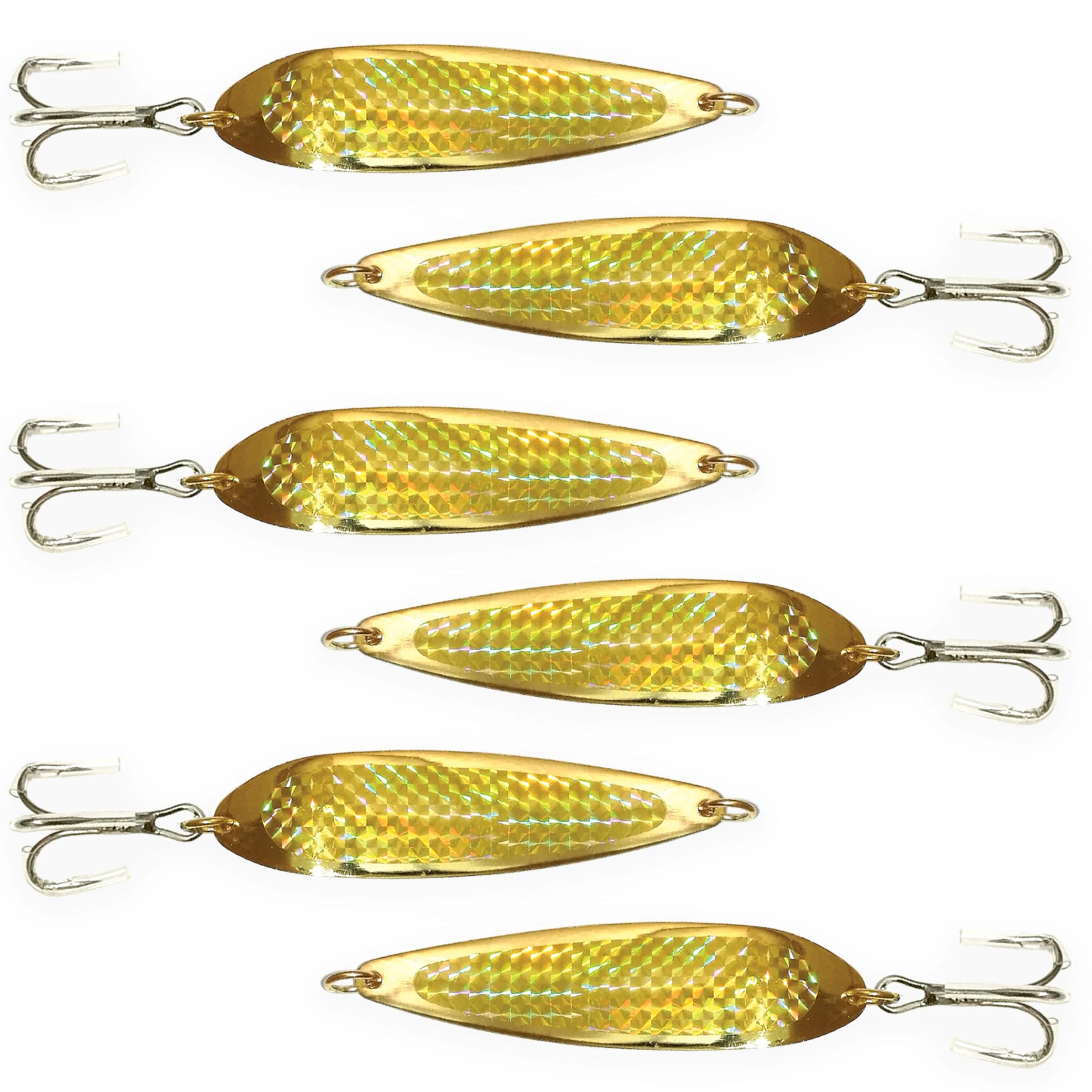 Señuelos de pesca con cuchara de cocodrilo, 56.7 g, 6 unidades, color dorado | Pesca de agua salada y agua dulce, acabado cromado con anzuelos agudos Mustad, ideal para trucha, lubina, fletán