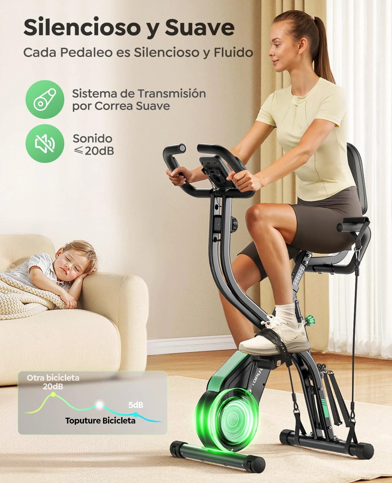 2026 Toputure Bicicleta Estática Plegable 5 en 1 con APP, Bici Estática con Respaldo, Pulsómetro, LCD y 16 Niveles de Resistencia para Casa, Base Ancha y Estable, Bandas de Resistencia, Máx140KG