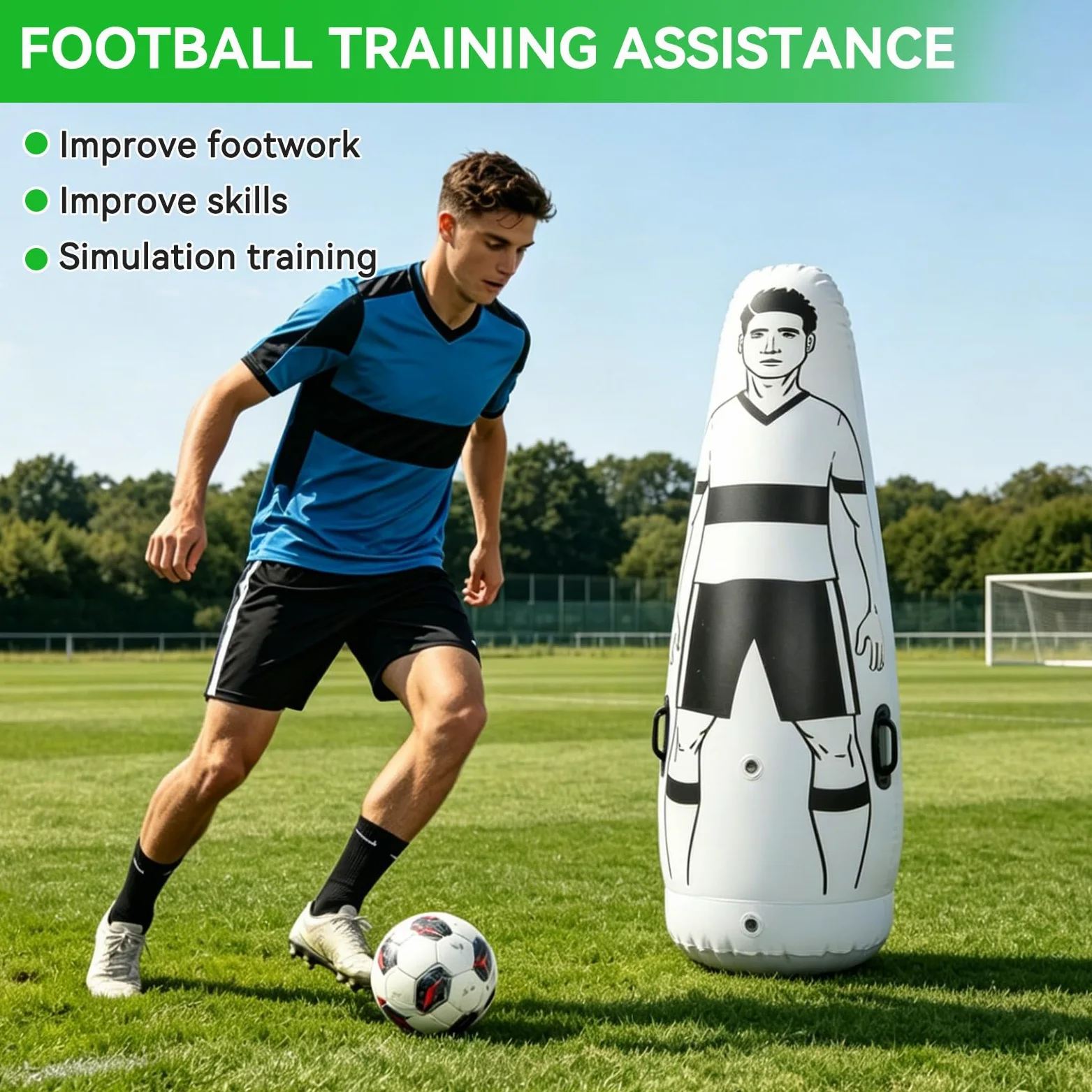 Maniquí de fútbol, ​​175x50cm/68,9x19,7 pulgadas entrenamiento de fútbol inflable vaso de práctica de fútbol de pared Maniquí De Fútbol defensor de patadas de fútbol portátil para niños y adultos