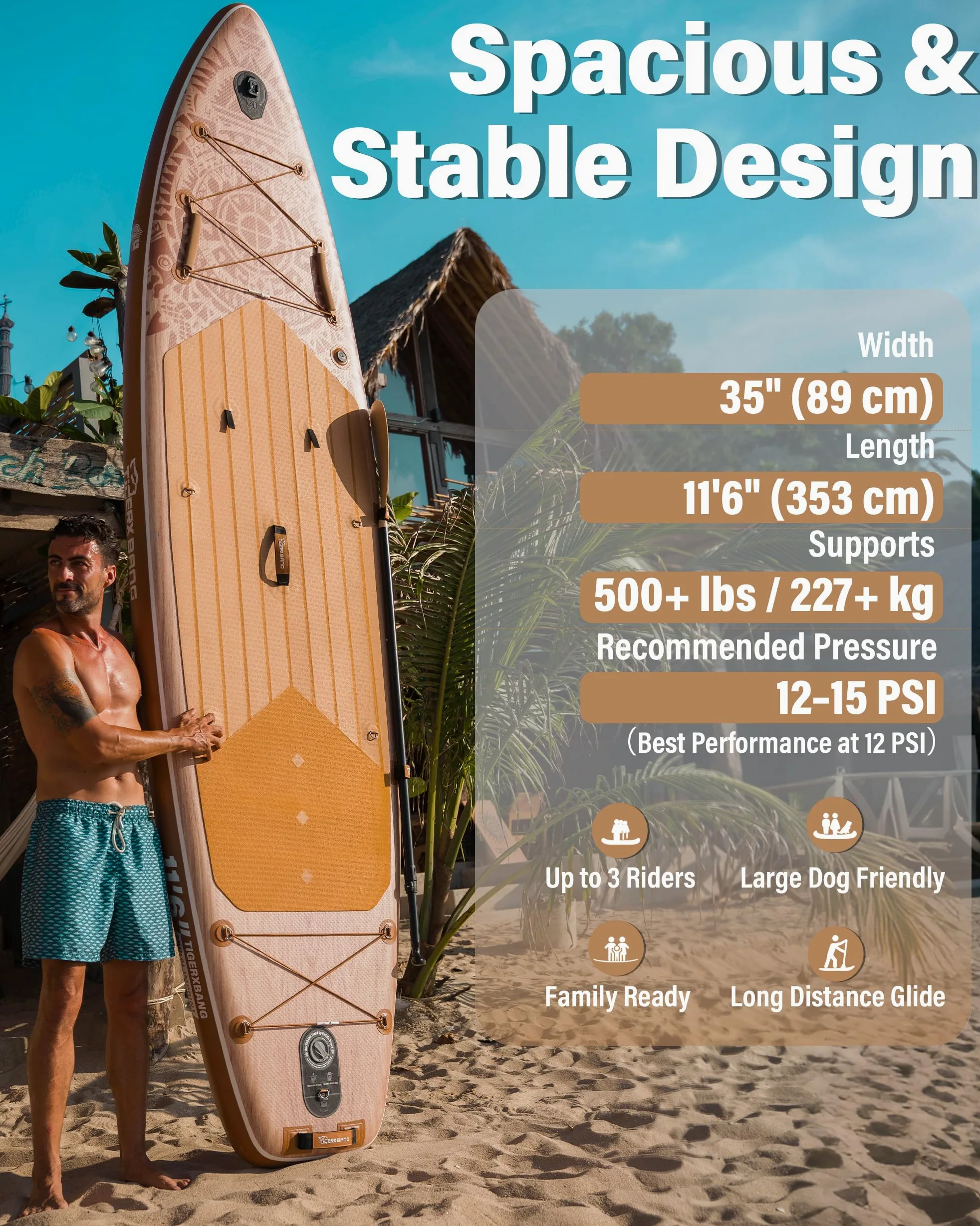 TIGERXBANG Tabla Paddle Surf Hinchable 353 x 89 x 15 cm, Sup Extra Ancha con Gran Estabilidad, Serie Tribal Imprint, para Adultos, Familias y Principiantes, con Accesorios Incluidos