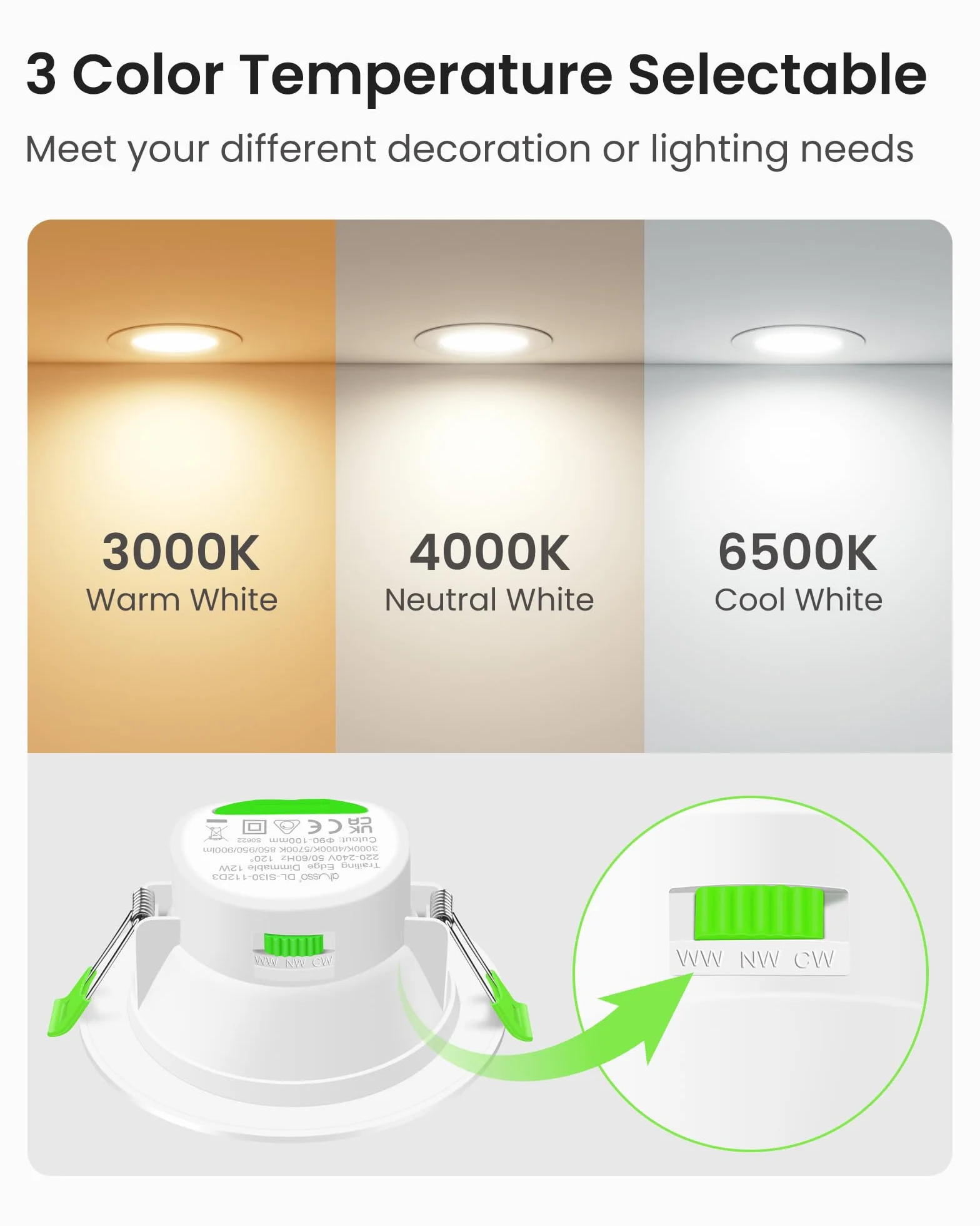 ALUSSO Downlight LED Techo Empotrable Regulable 10W IP65 3000K 4000K 5700K Ajustable φ70-80mm 12 Pack