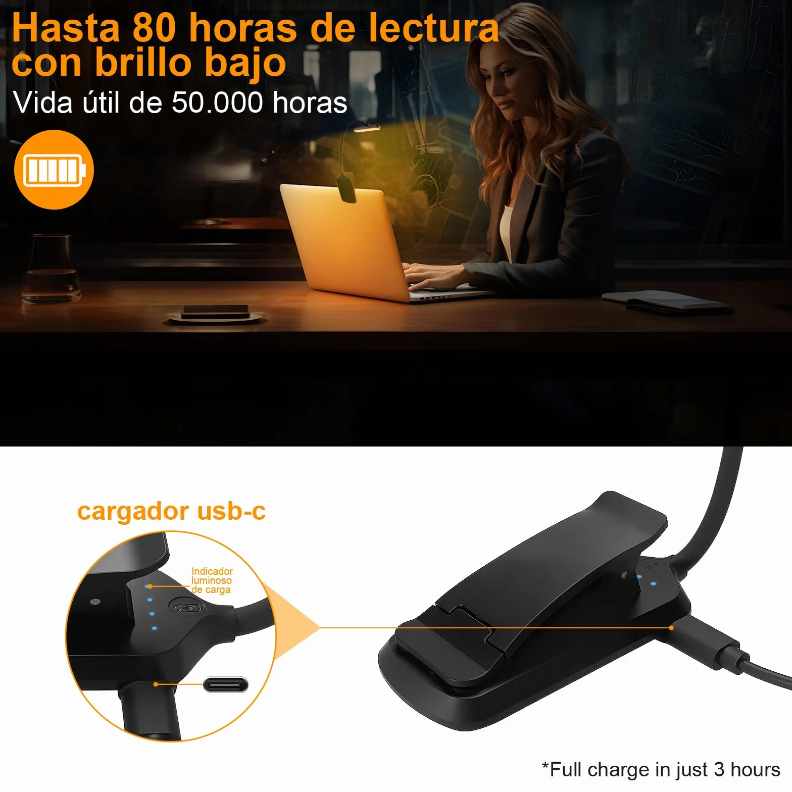Karidi 24 LED Luz de Lectura Recargable 360°, USB-C, Pinza para Libros, 80H Cuidado Ocular, Negro