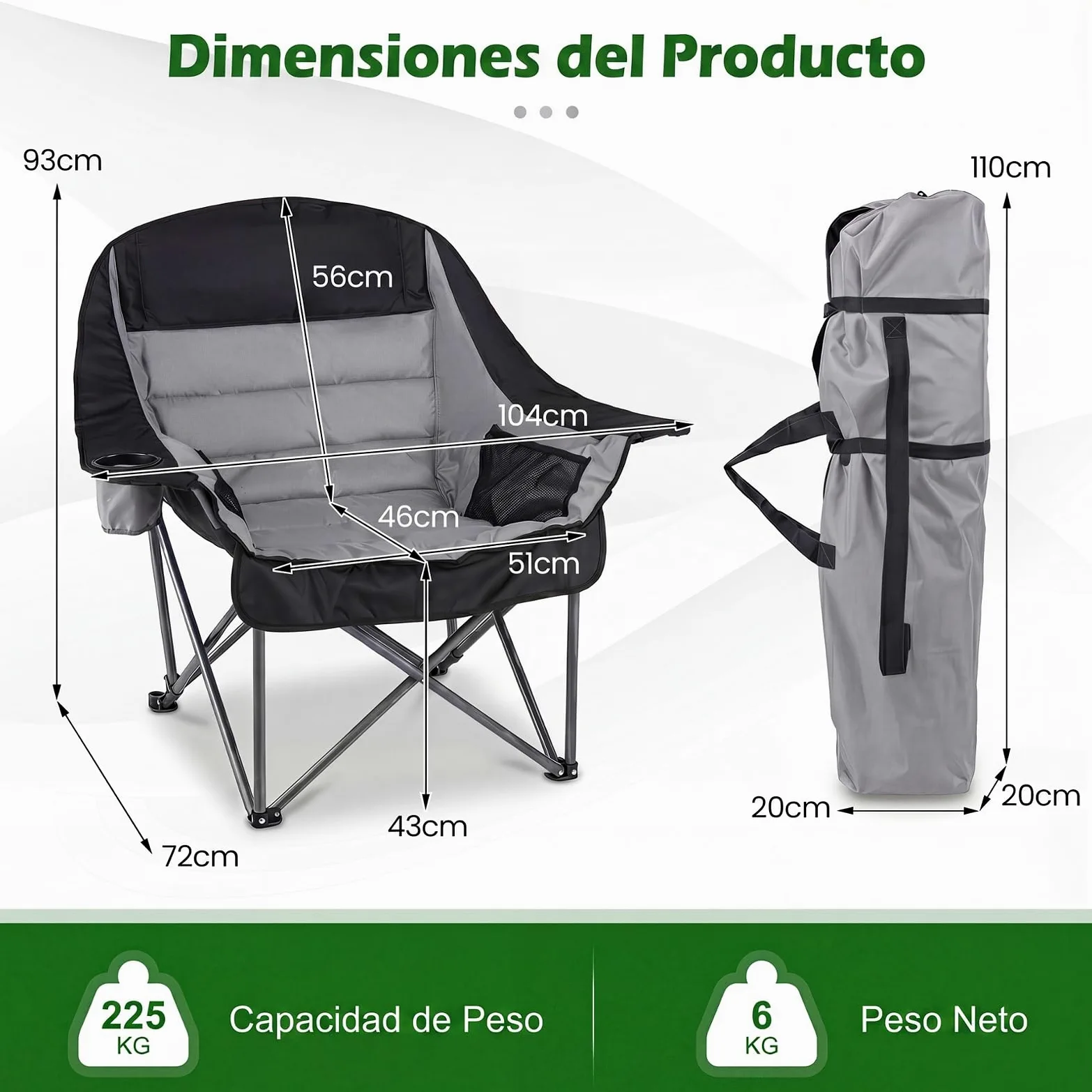 COSTWAY Silla de Camping Extragrande y Acholchada, Silla Plegable Portátil con Bolsillos Laterales, Portavasos, Bolsa de Transporte, Playa Pesca, Carga 225 kg,72 x 104 x 93 cm (Gris)