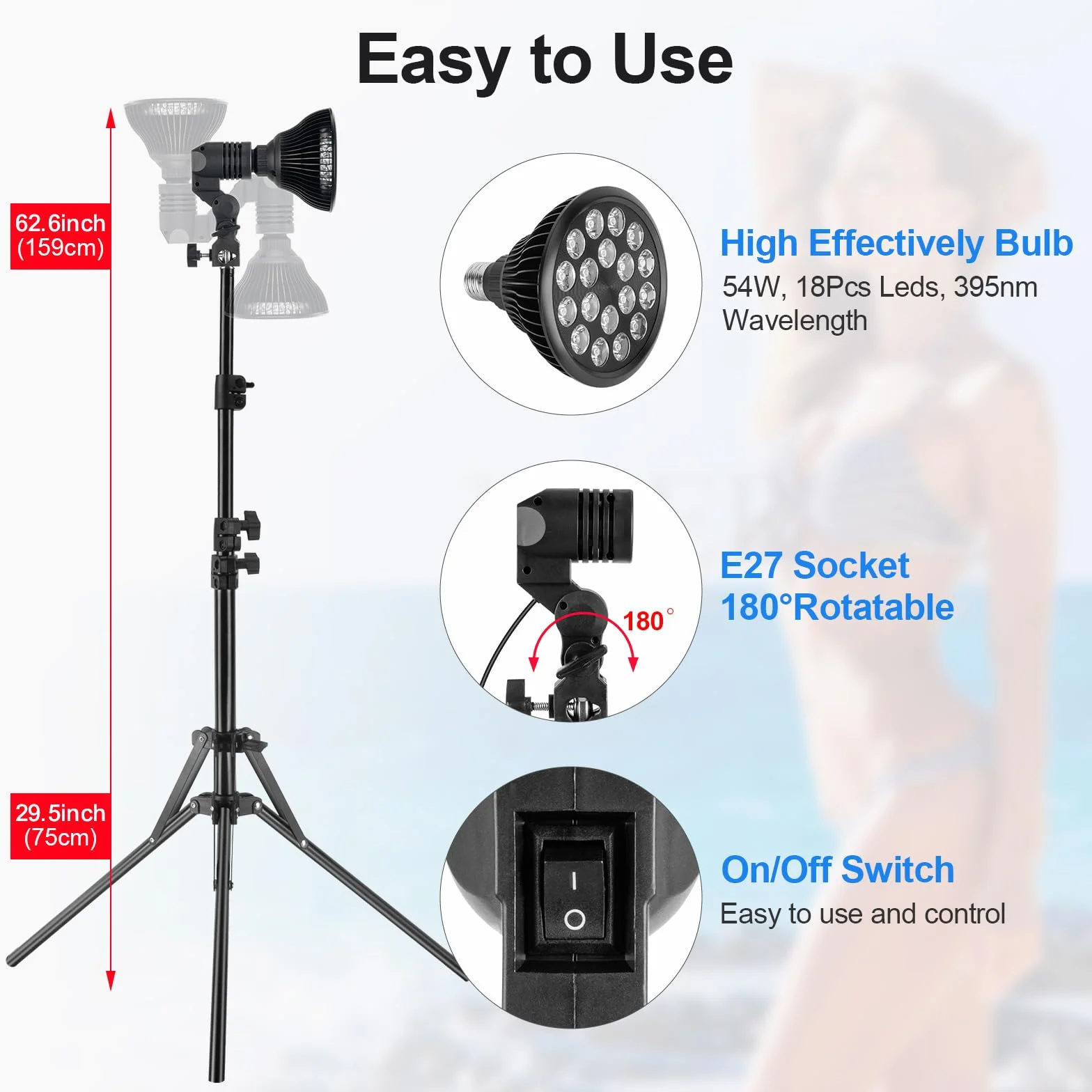 Lámparas de Bronceado para el Hogar 54W 395nm con Trípode Telescópico Altura Ajustable