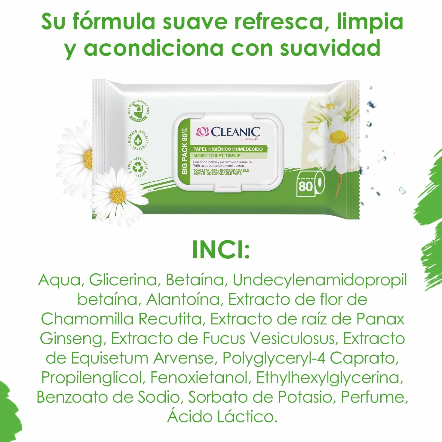 Cleanic Papel Higiénico Hidratado con Extracto de Manzanilla 80 Piezas - Toallitas Humedecidas para Limpieza Íntima