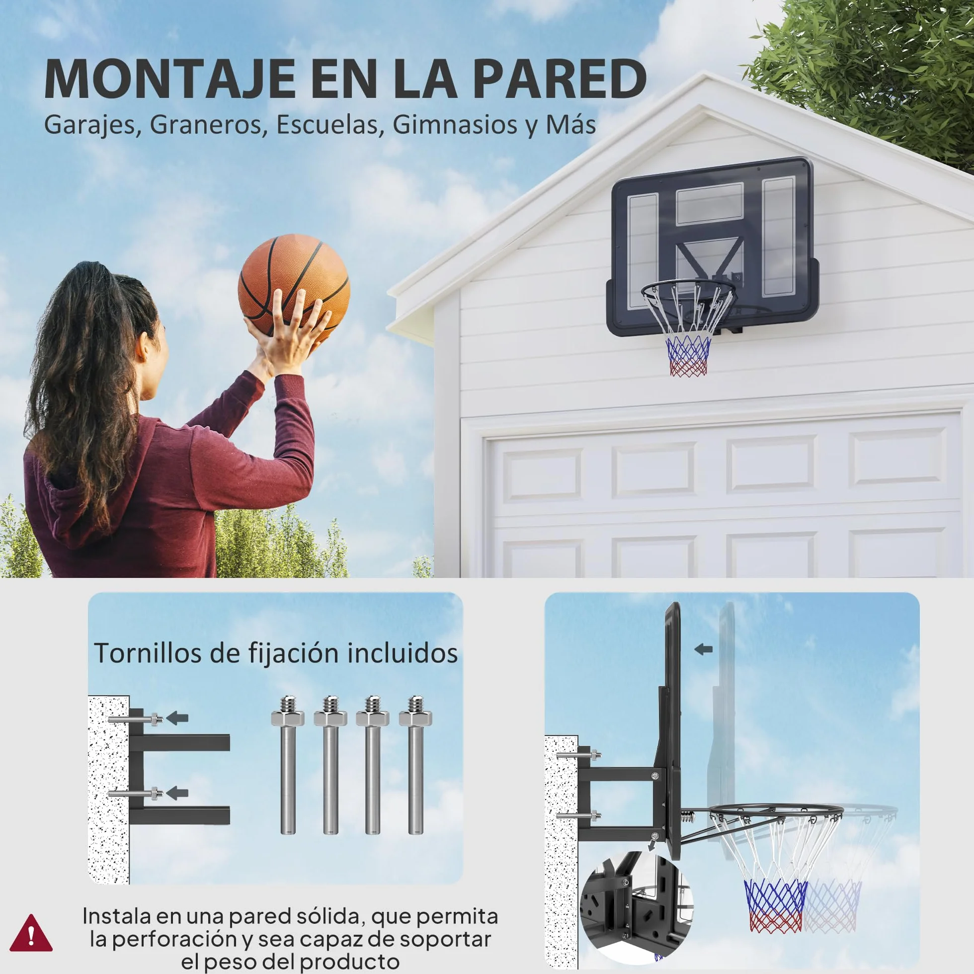 SPORTNOW Canasta de Baloncesto de Pared 110x75 cm Tablero Irrompible Red Resistente Negro